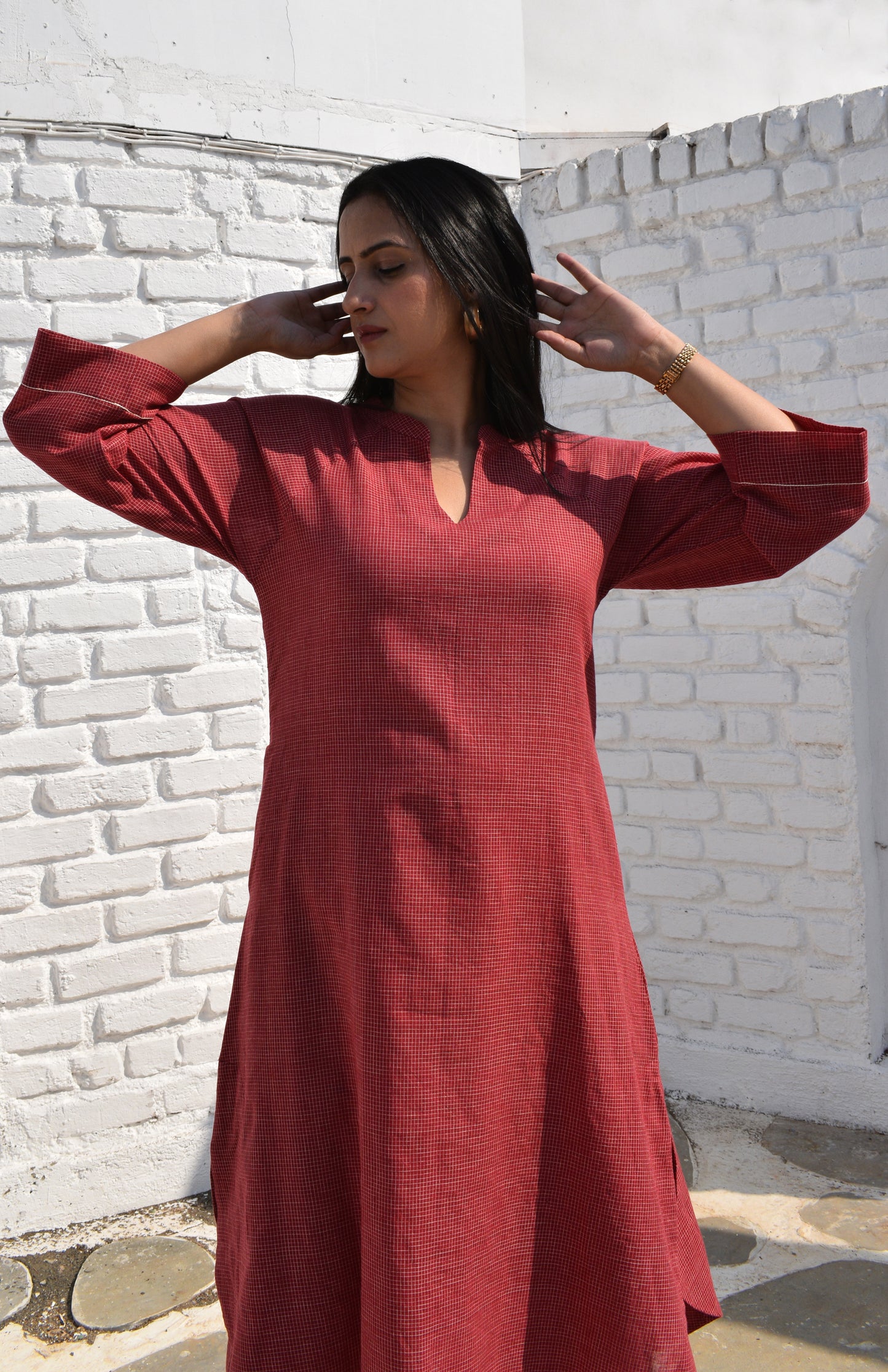 Maroon Kurta set with Raglan sleeve and Wide-legged Pyjama in Handwoven Checks