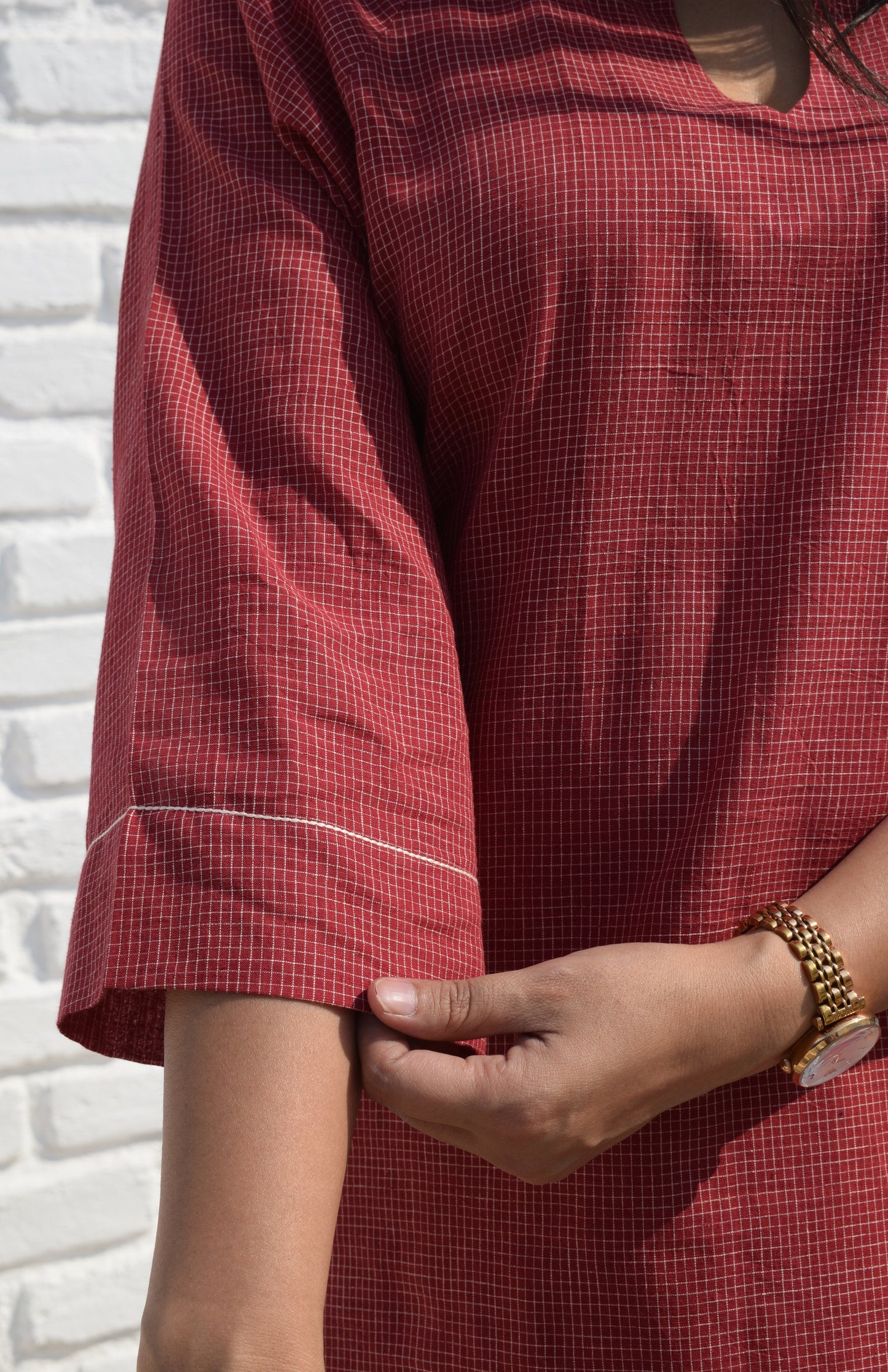 Maroon Kurta set with Raglan sleeve and Wide-legged Pyjama in Handwoven Checks