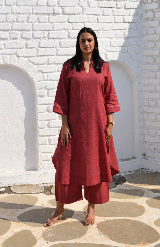 Maroon Kurta set with Raglan sleeve and Wide-legged Pyjama in Handwoven Checks