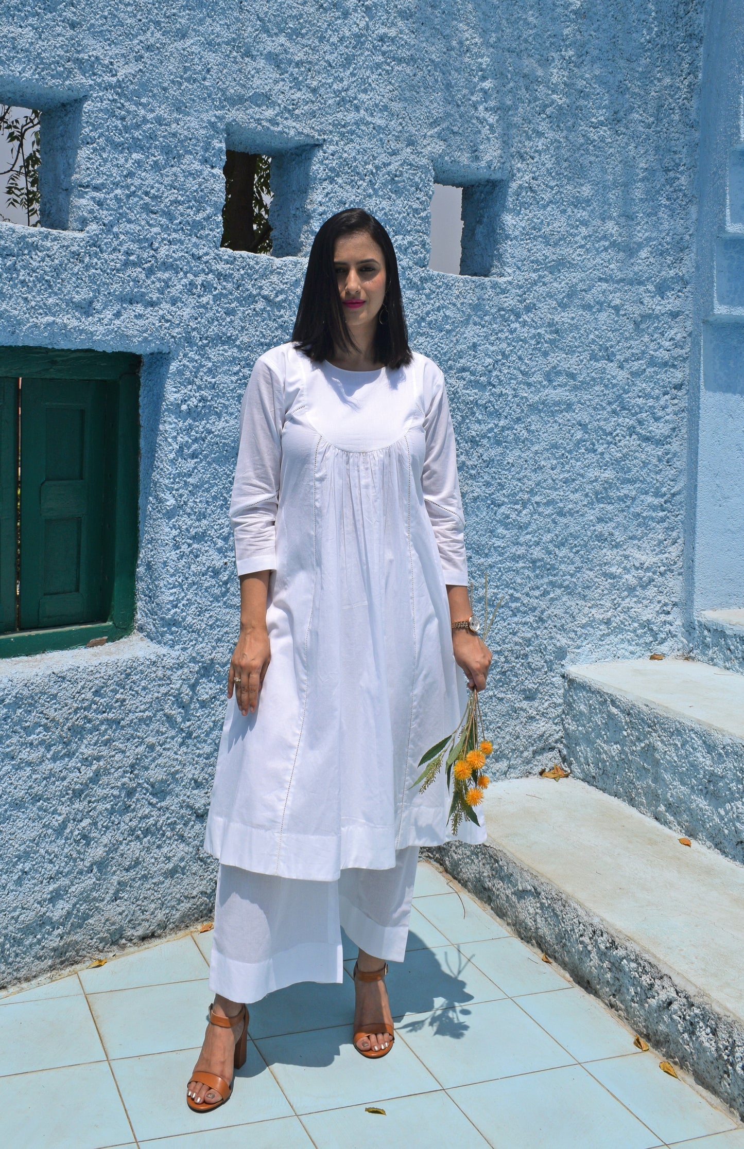Sunkissed white kurta with yoke and pyjama