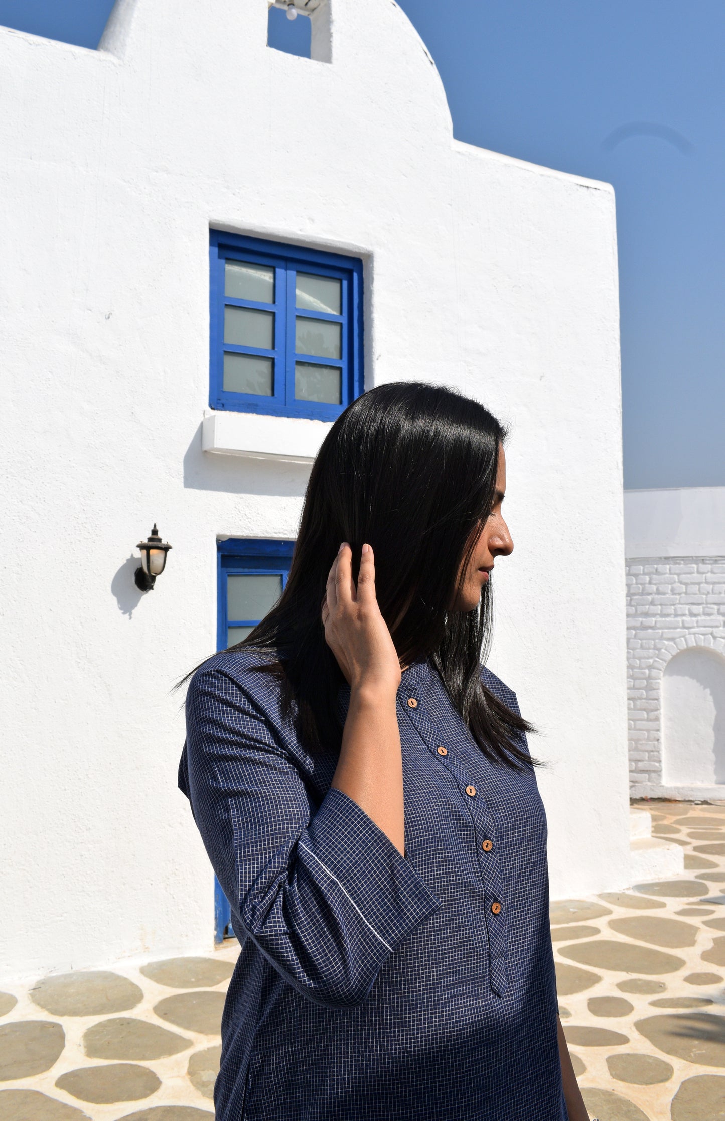 Dark Blue Kurta with Raglan sleeve & Placket and Wide-legged Pyjama in Handwoven Checks