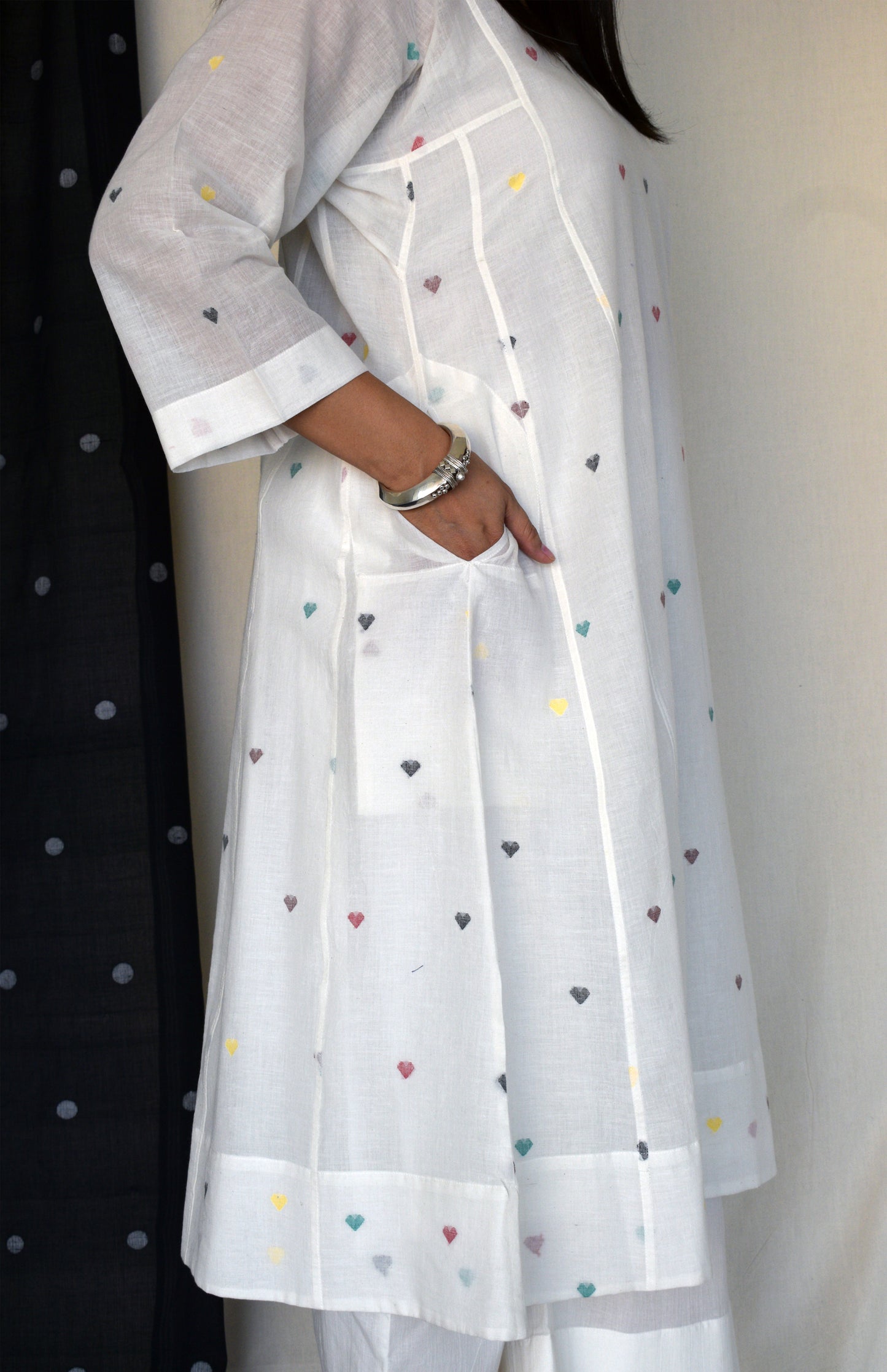 Pearl White Jamdani Phiran with Off White Pyjama