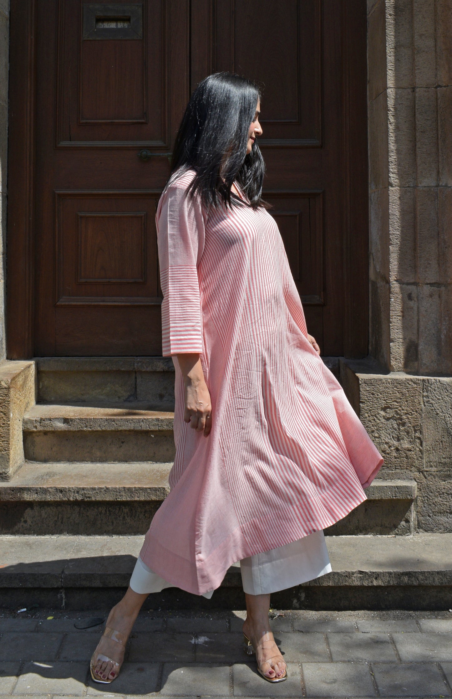 Coral Stripe A line kurta in Handwoven cotton