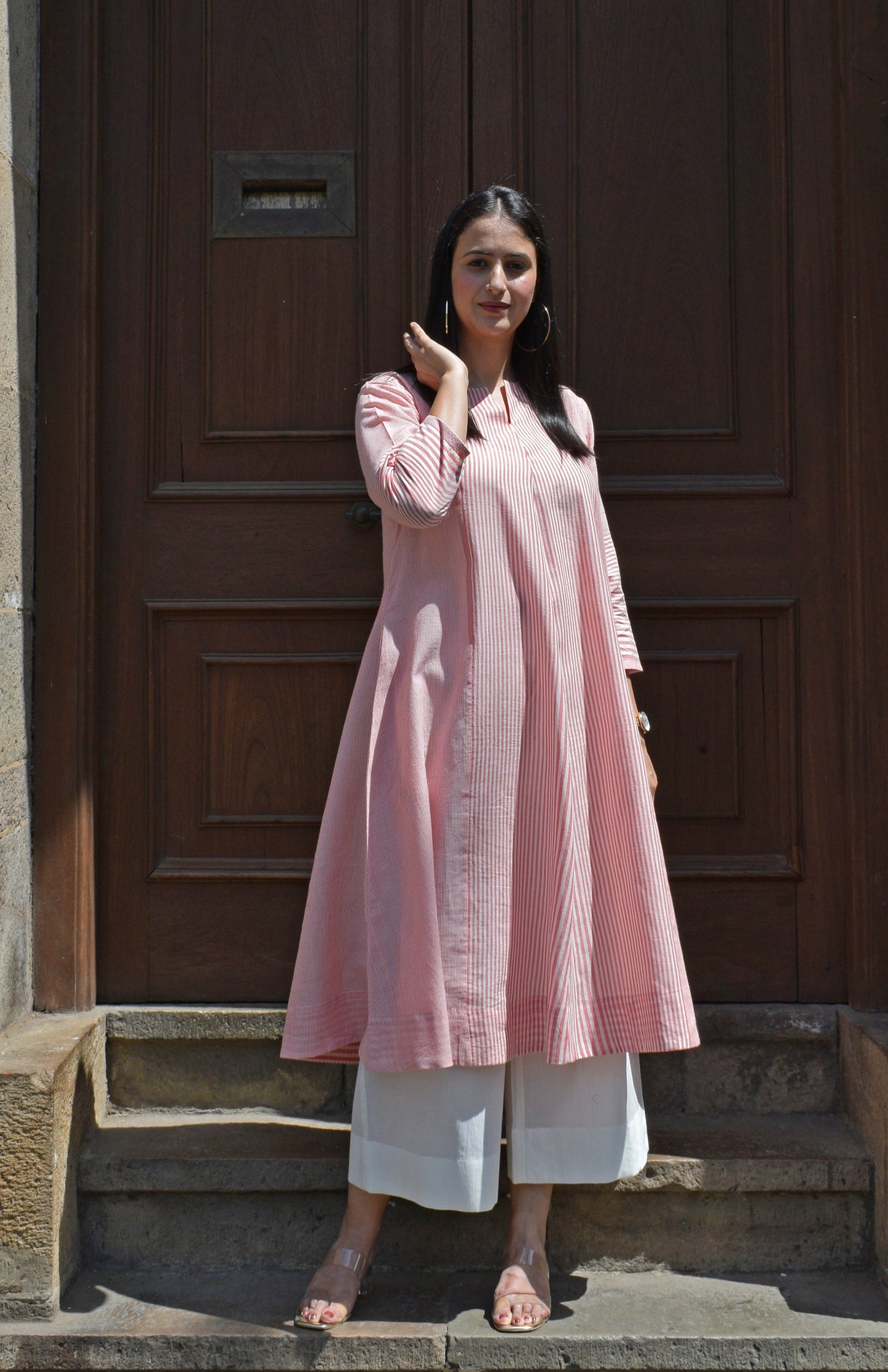 Coral Stripe Bias Paneled kurta in Handwoven cotton