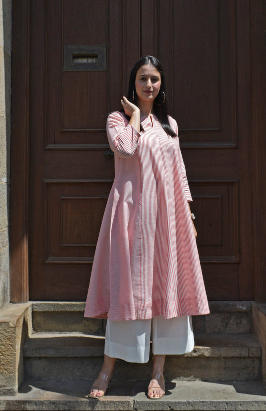 Coral Stripe Bias Paneled kurta in Handwoven cotton