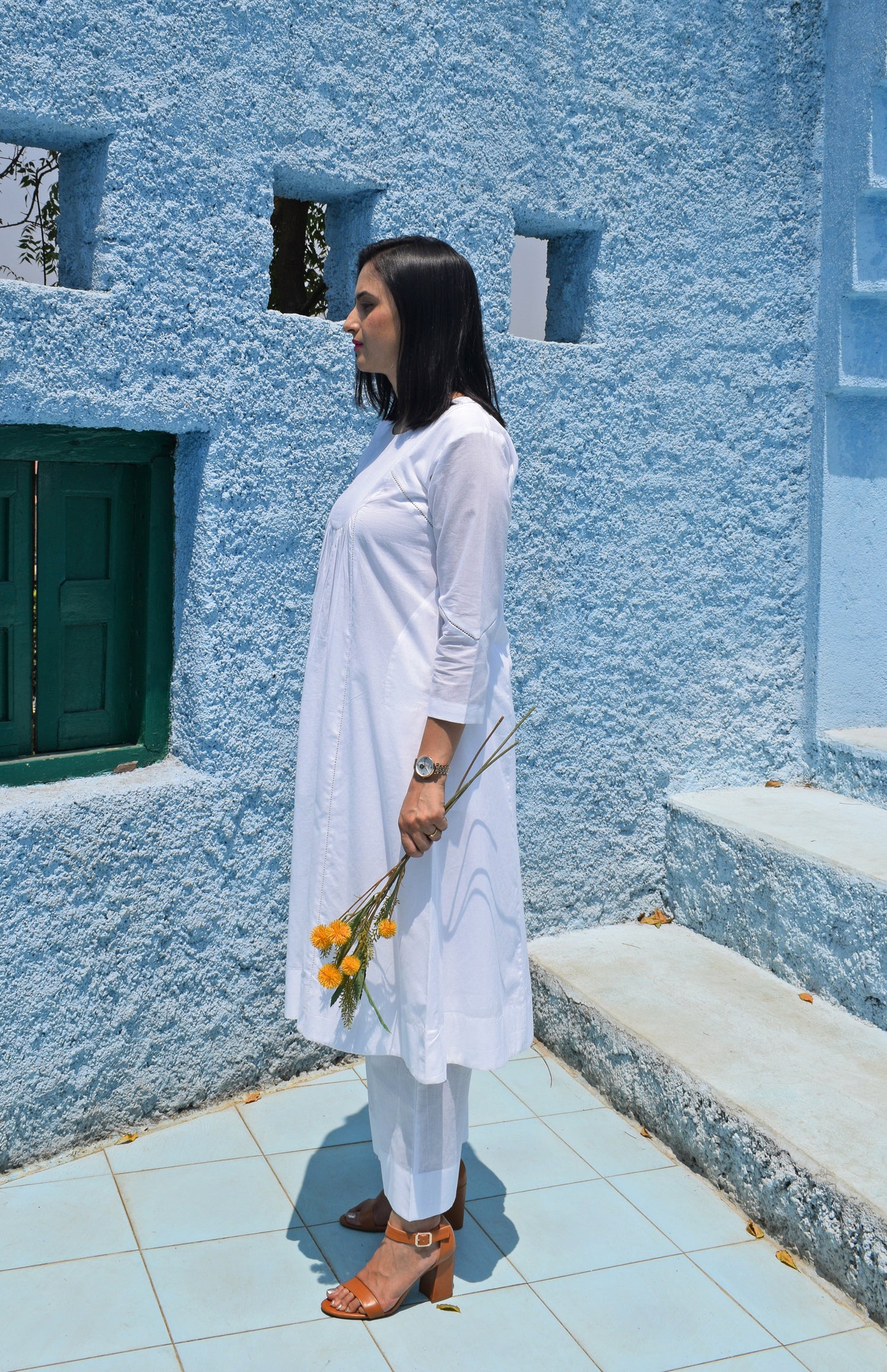 Sunkissed white kurta with yoke and pyjama