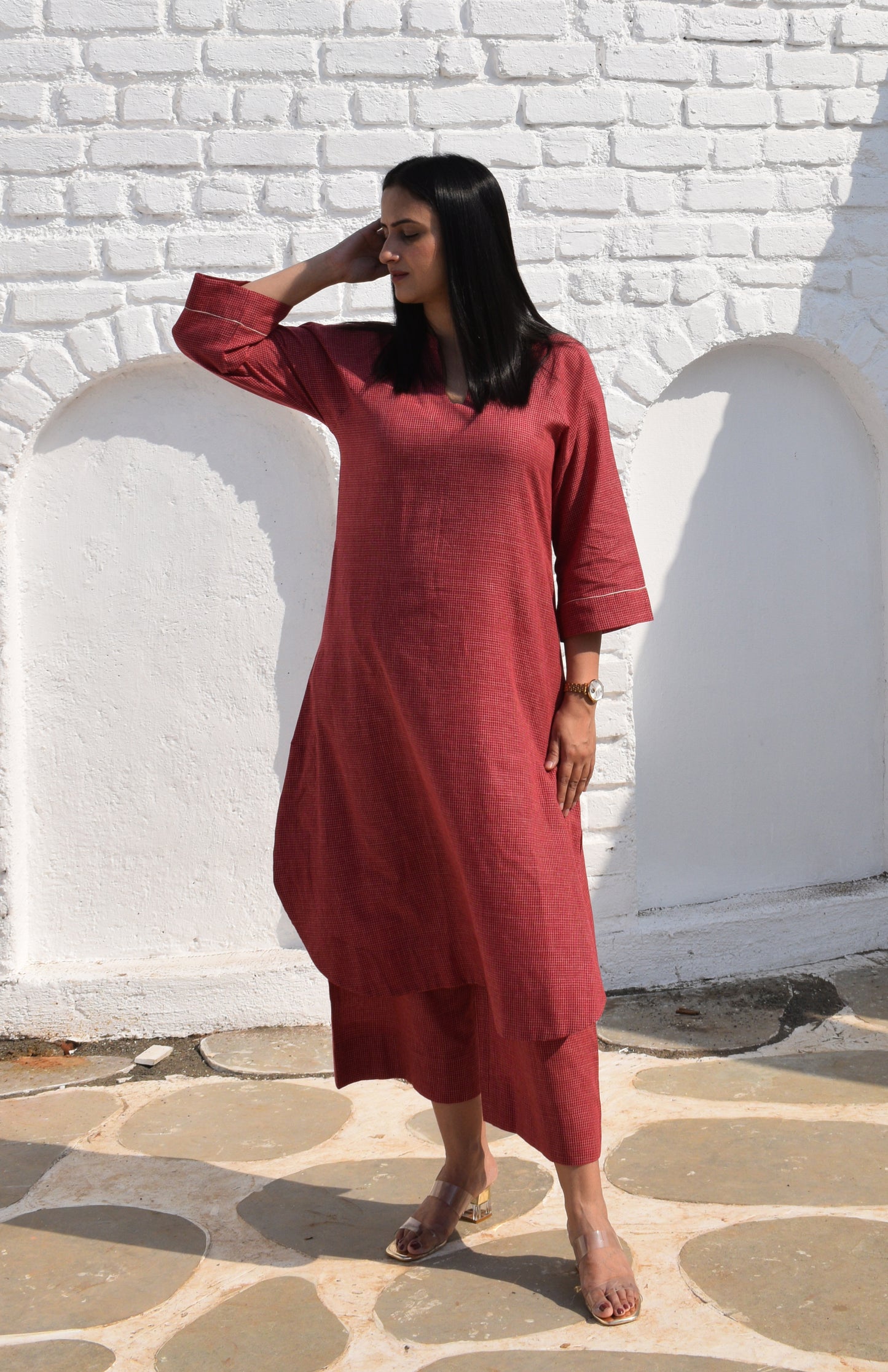 Maroon Kurta set with Raglan sleeve and Wide-legged Pyjama in Handwoven Checks