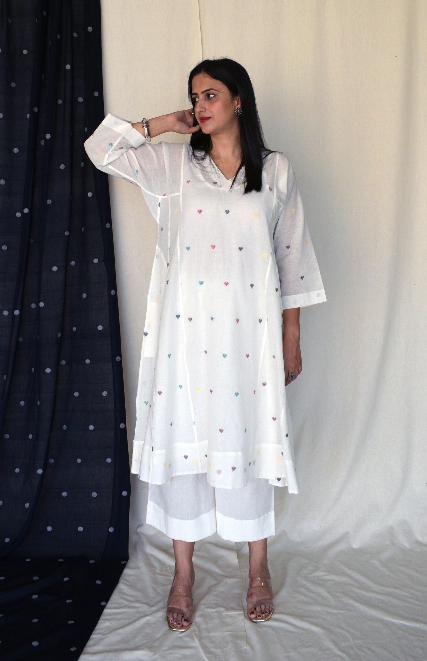 Pearl White Jamdani Phiran with Off White Pyjama