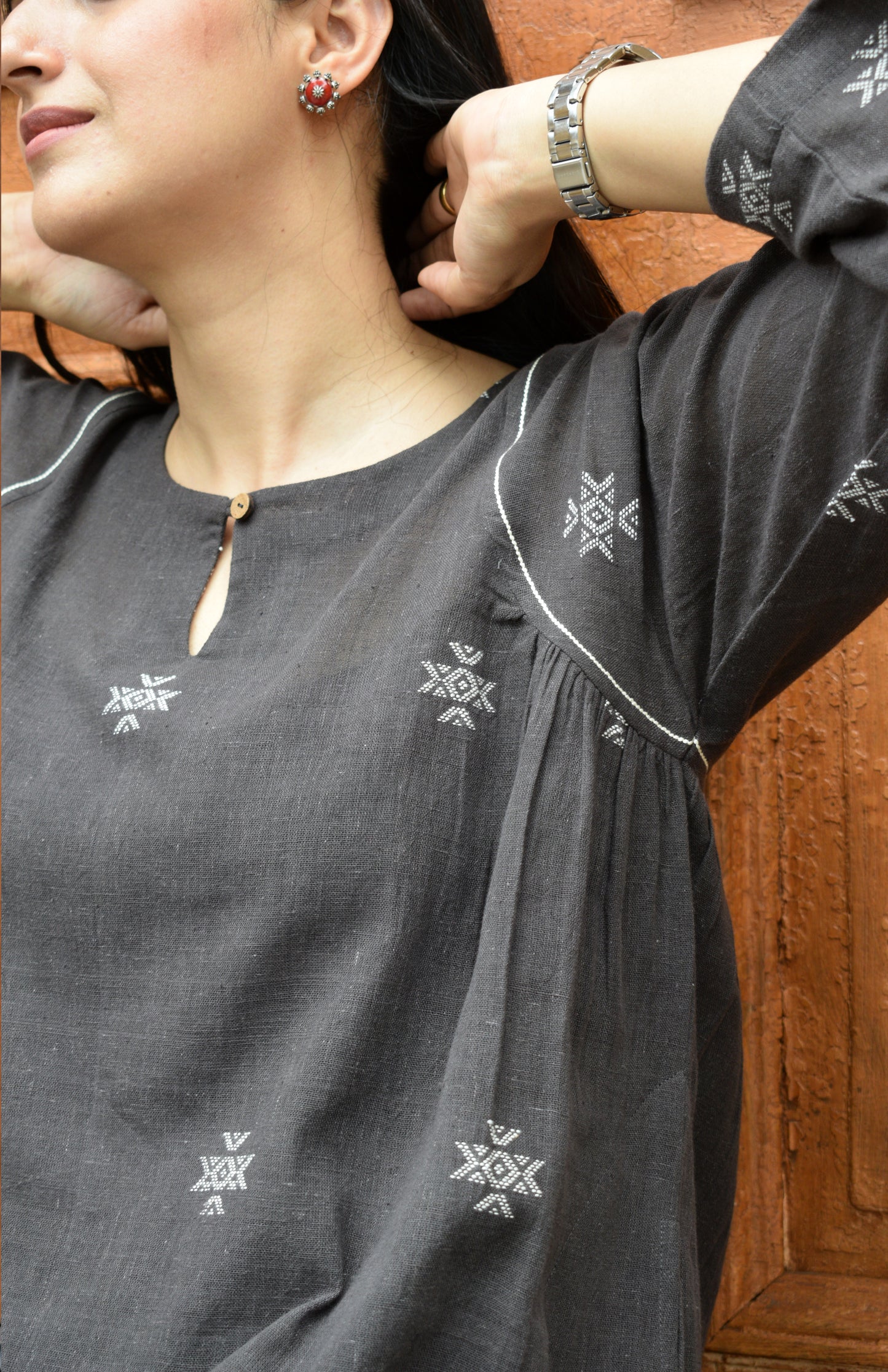 Charcoal kala cotton kurta with side gathers and charcoal trousers