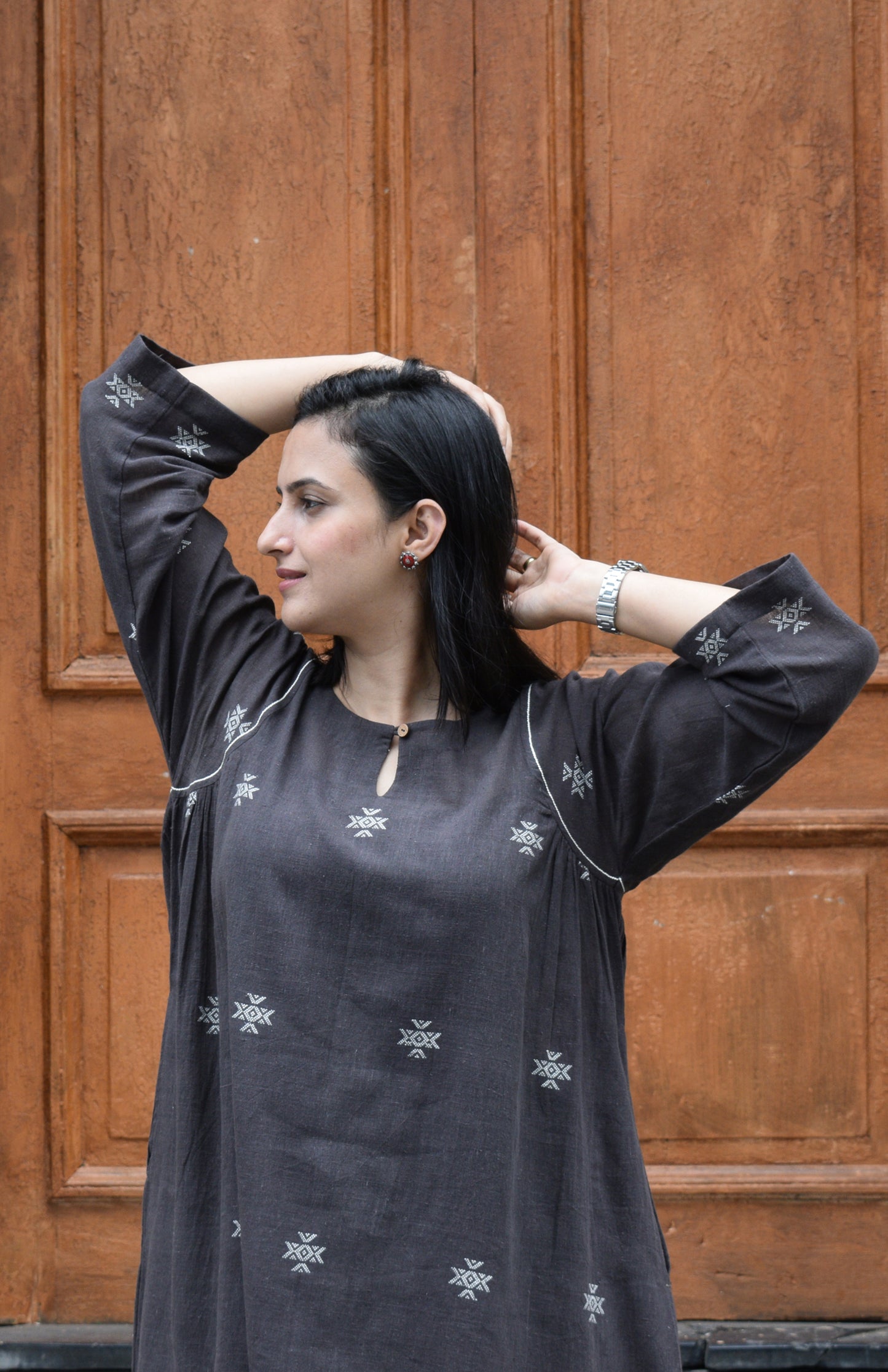 Charcoal kala cotton kurta with side gathers and charcoal trousers