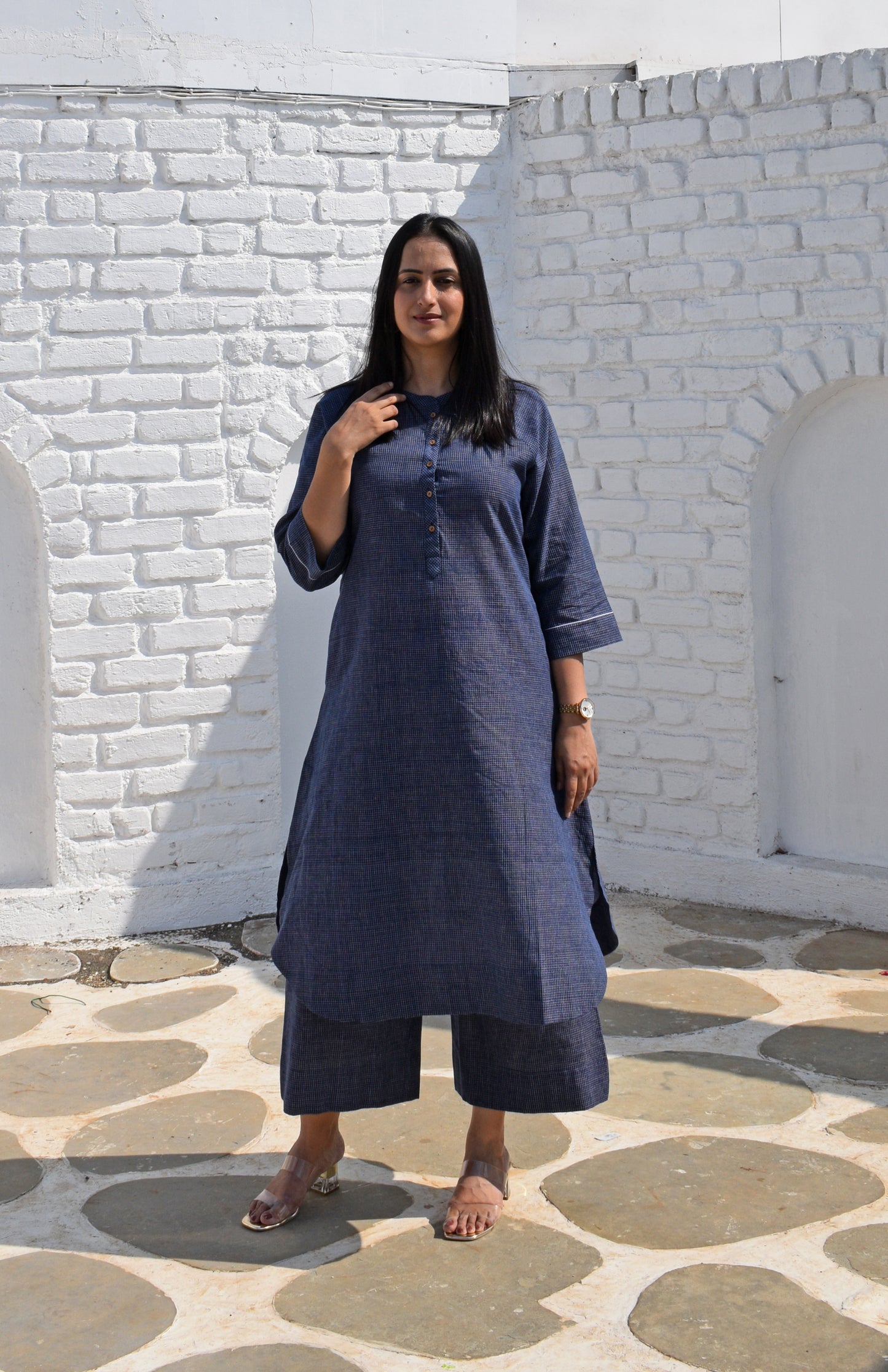 Dark Blue Kurta with Raglan sleeve in Handwoven Checks