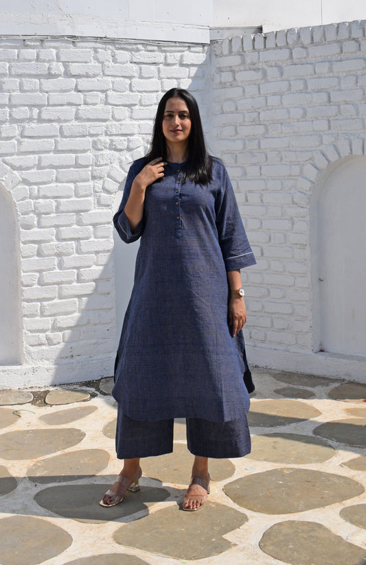 Dark Blue Kurta with Raglan sleeve in Handwoven Checks