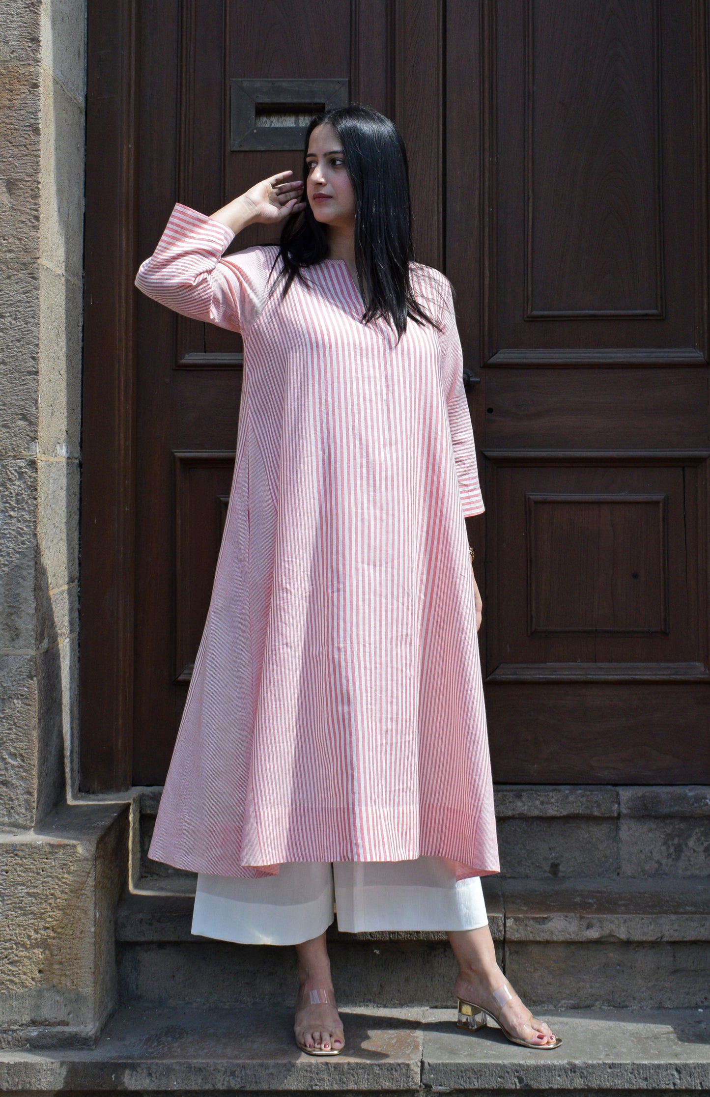 Coral Stripe A line kurta in Handwoven cotton