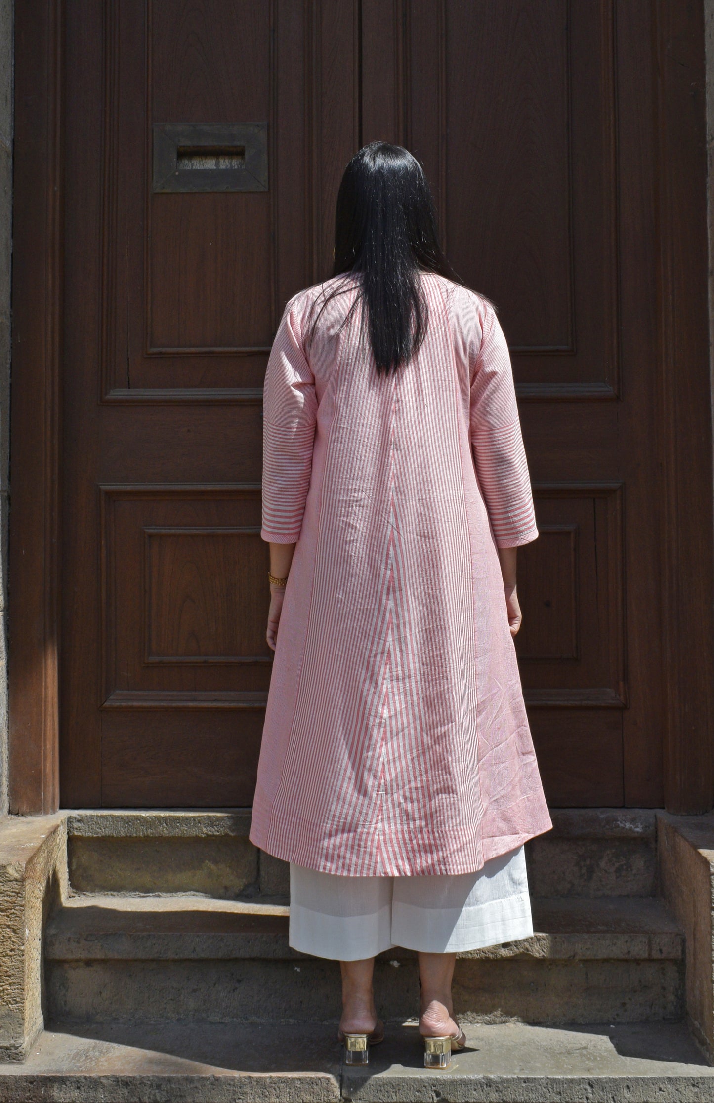Coral Stripe Bias Paneled kurta in Handwoven cotton