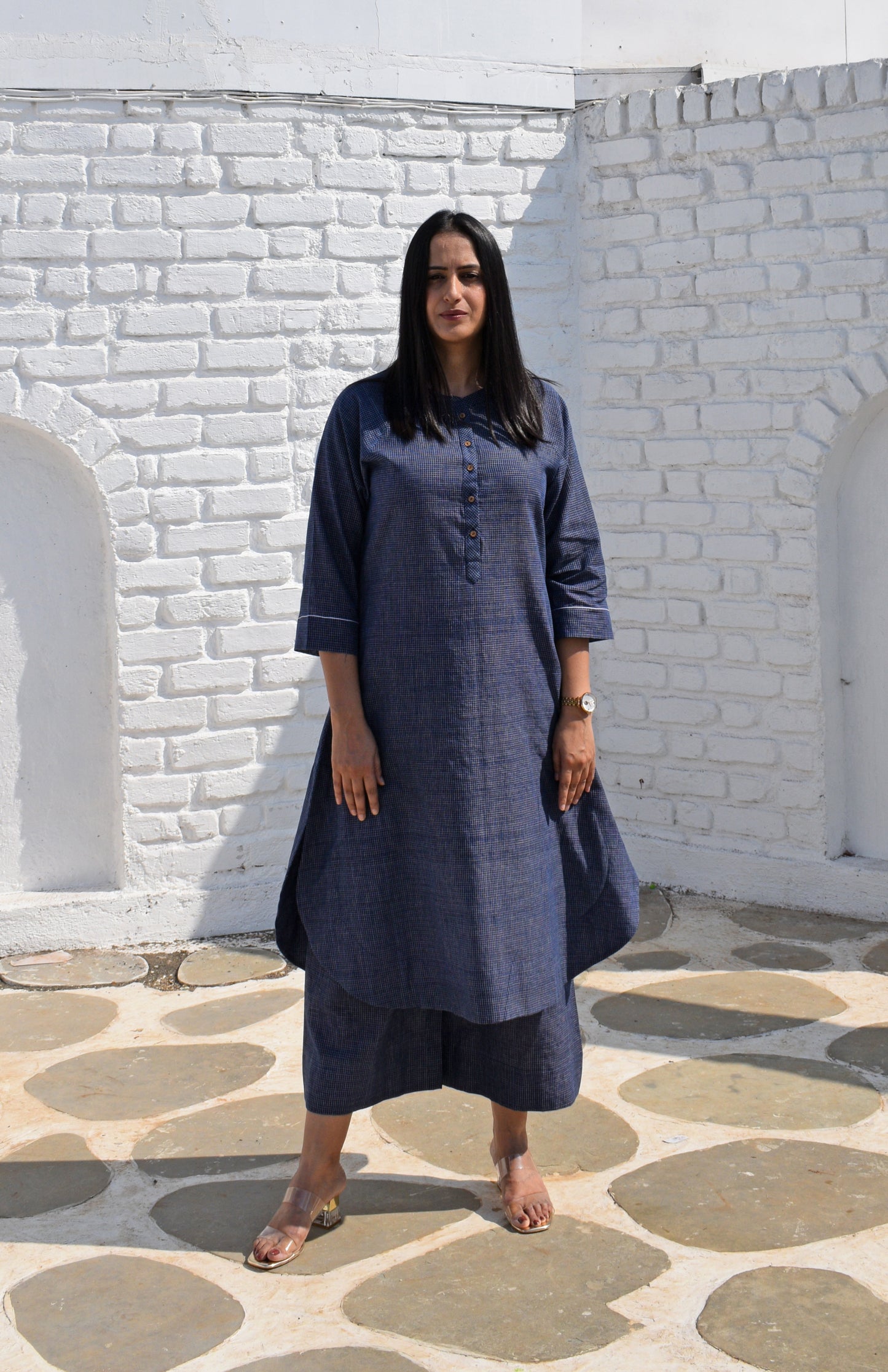 Dark Blue Kurta with Raglan sleeve in Handwoven Checks