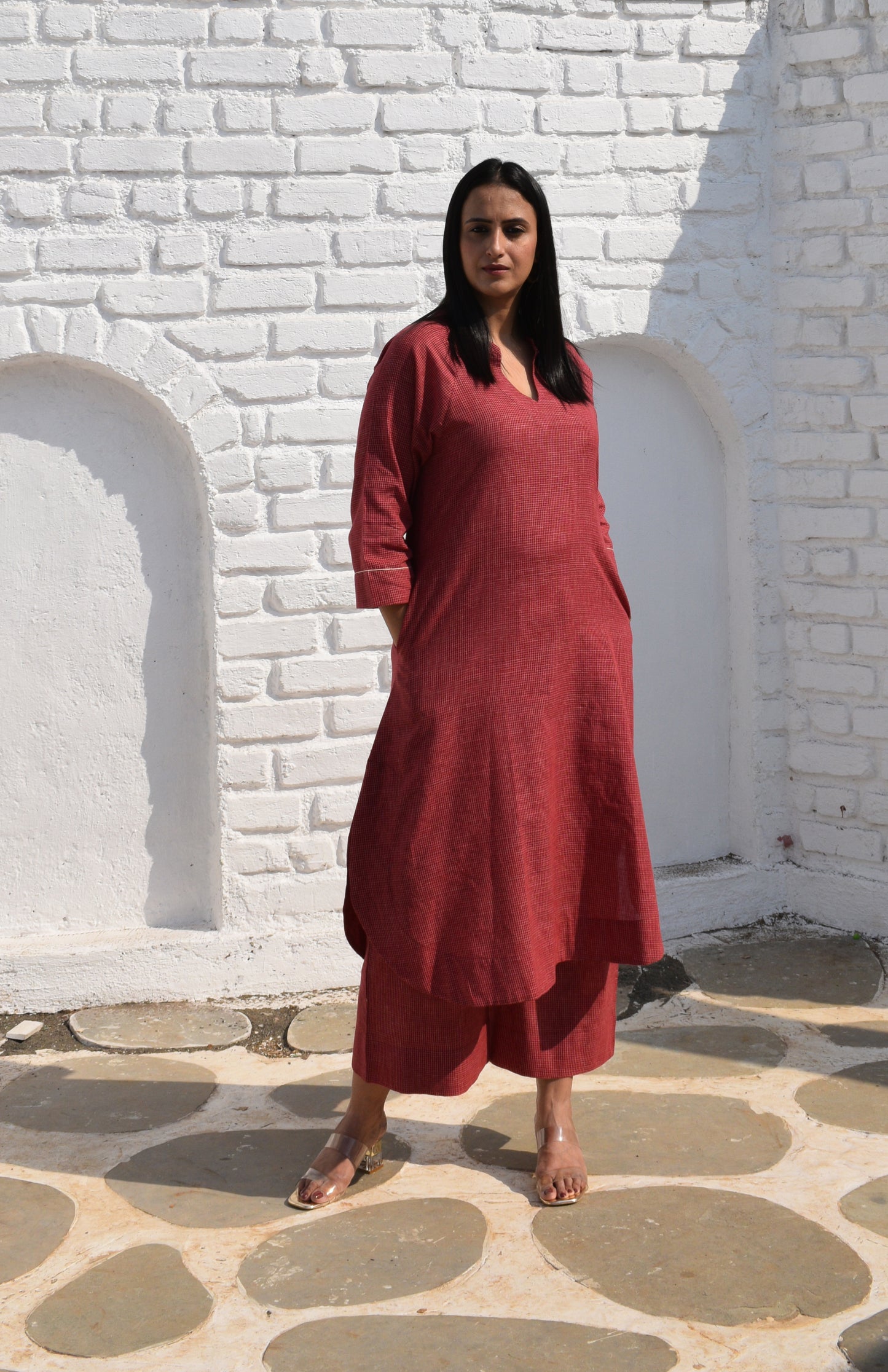 Maroon Kurta set with Raglan sleeve and Wide-legged Pyjama in Handwoven Checks