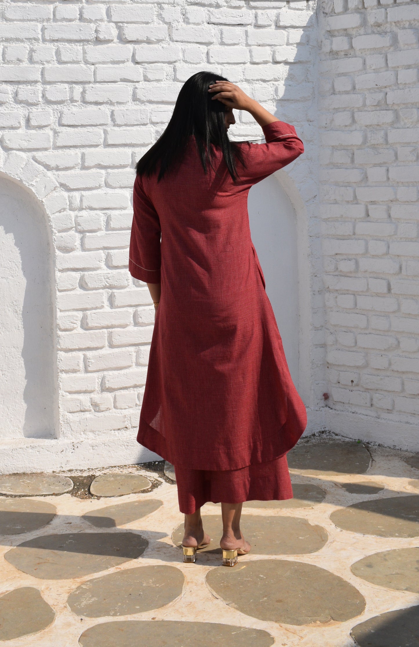 Maroon Kurta set with Raglan sleeve and Wide-legged Pyjama in Handwoven Checks