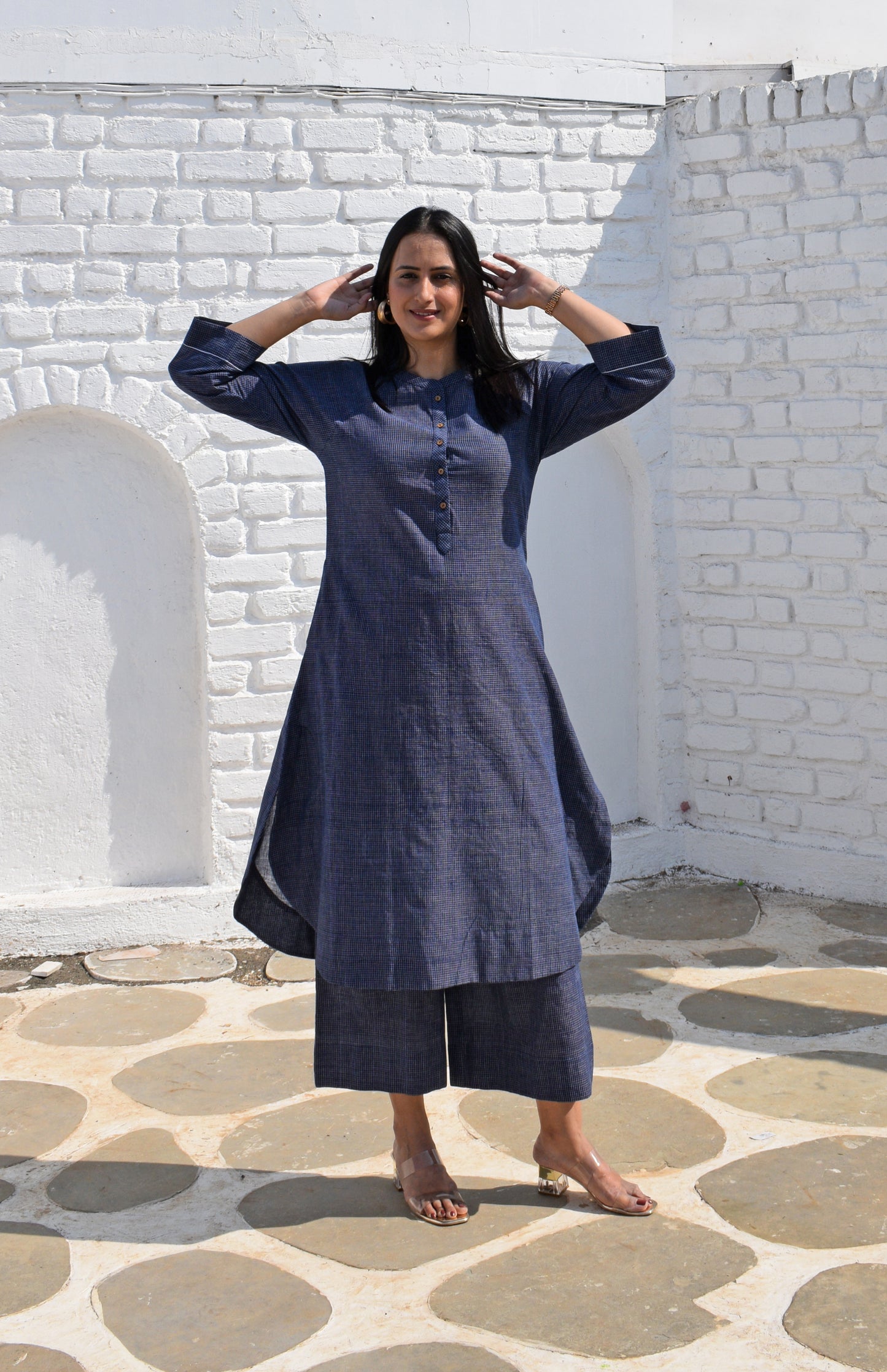 Dark Blue Kurta with Raglan sleeve in Handwoven Checks