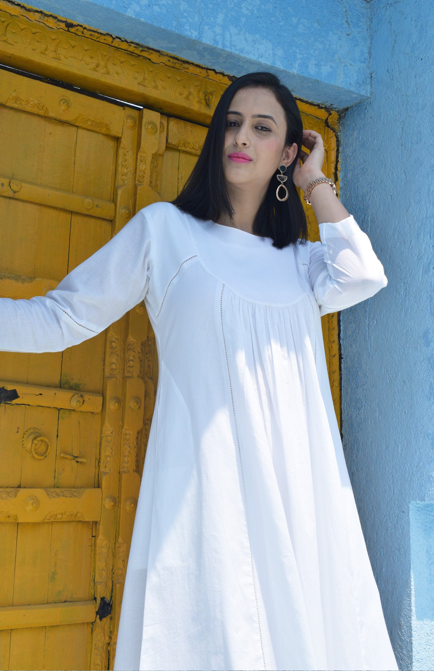 Sunkissed white kurta with yoke and pyjama