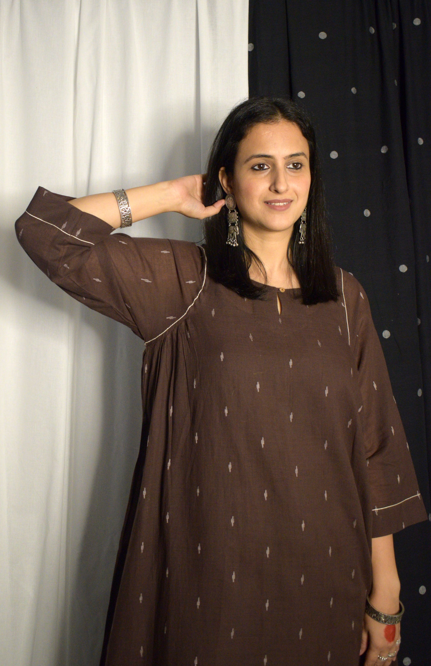 Brown Jamdani kurta with side gathers