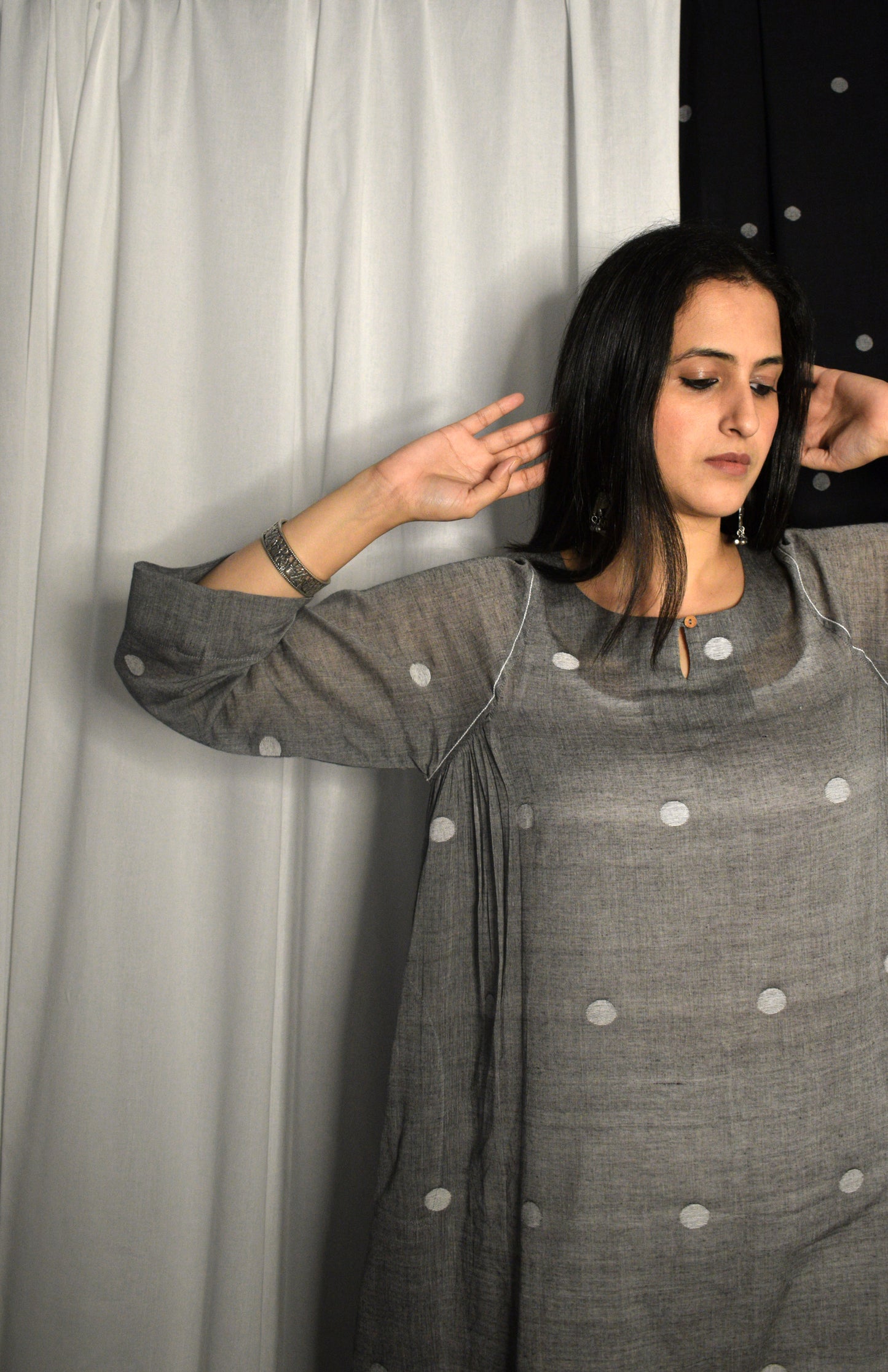 Grey Jamdani Kurta with Side Gathers