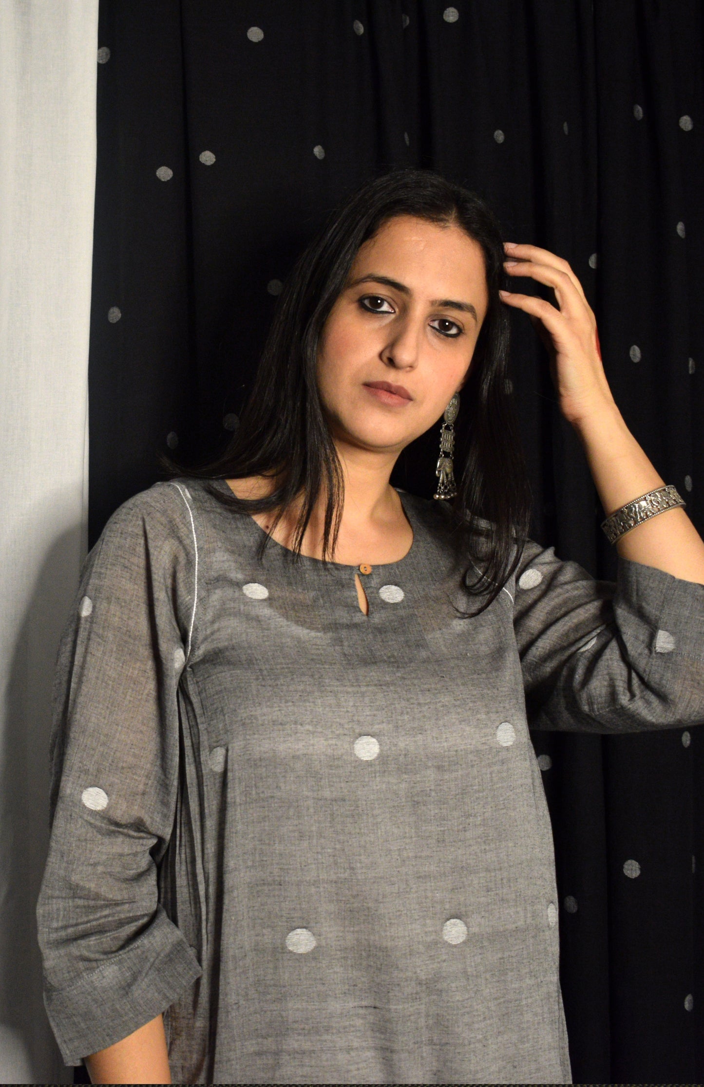 Grey Jamdani Kurta with Side Gathers
