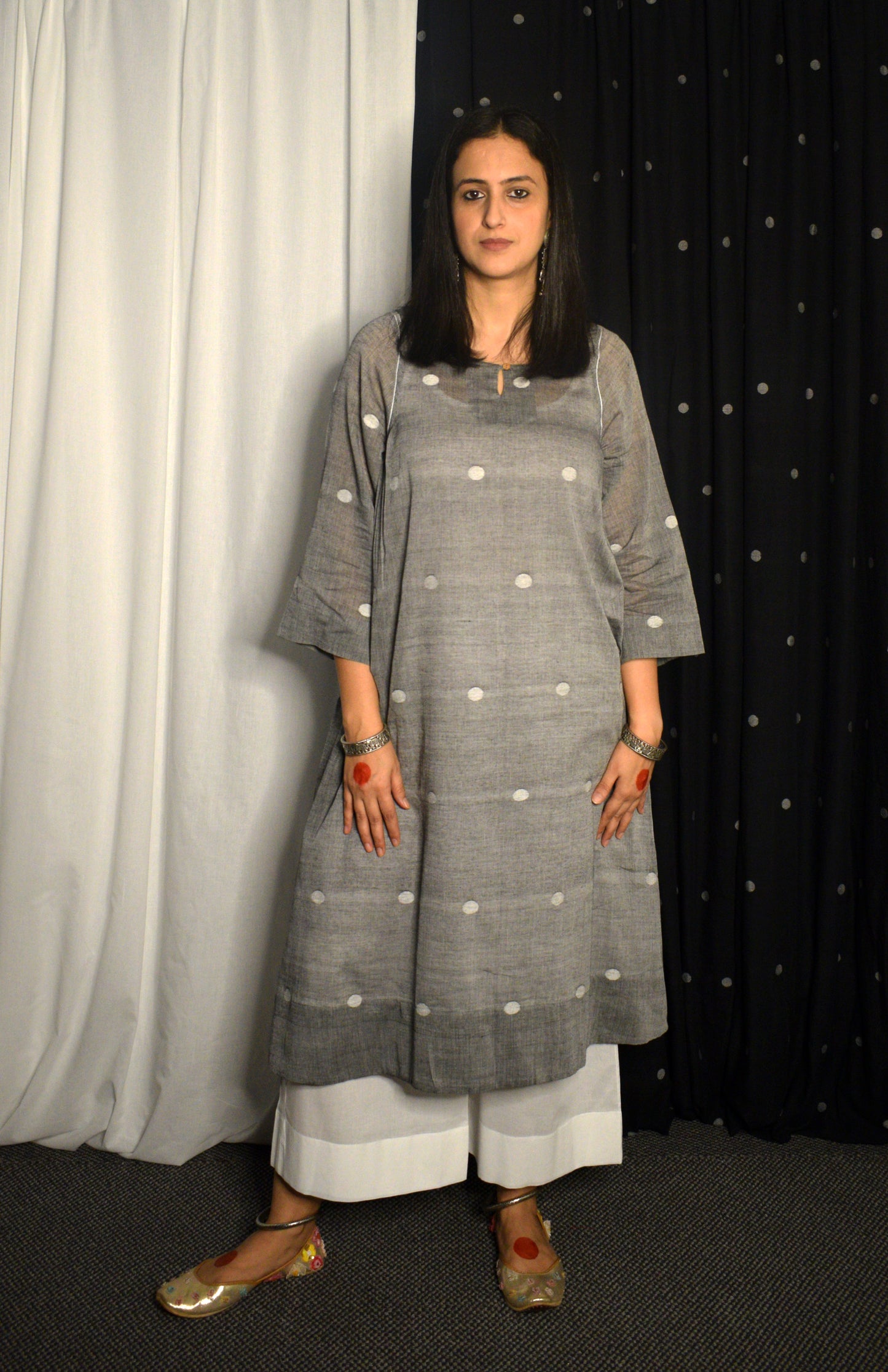 Grey Jamdani Kurta with Side Gathers