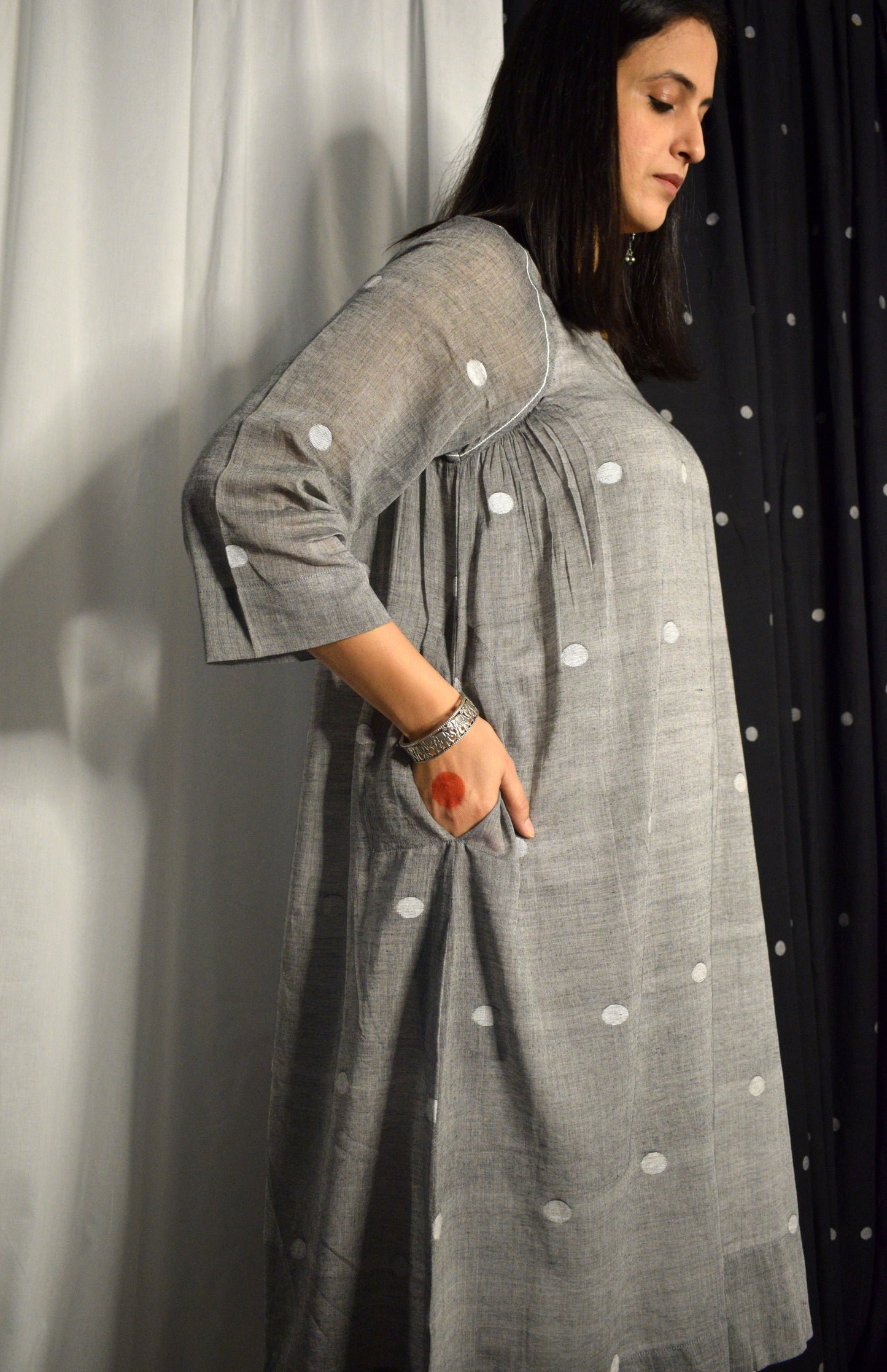 Grey Jamdani Kurta with Side Gathers