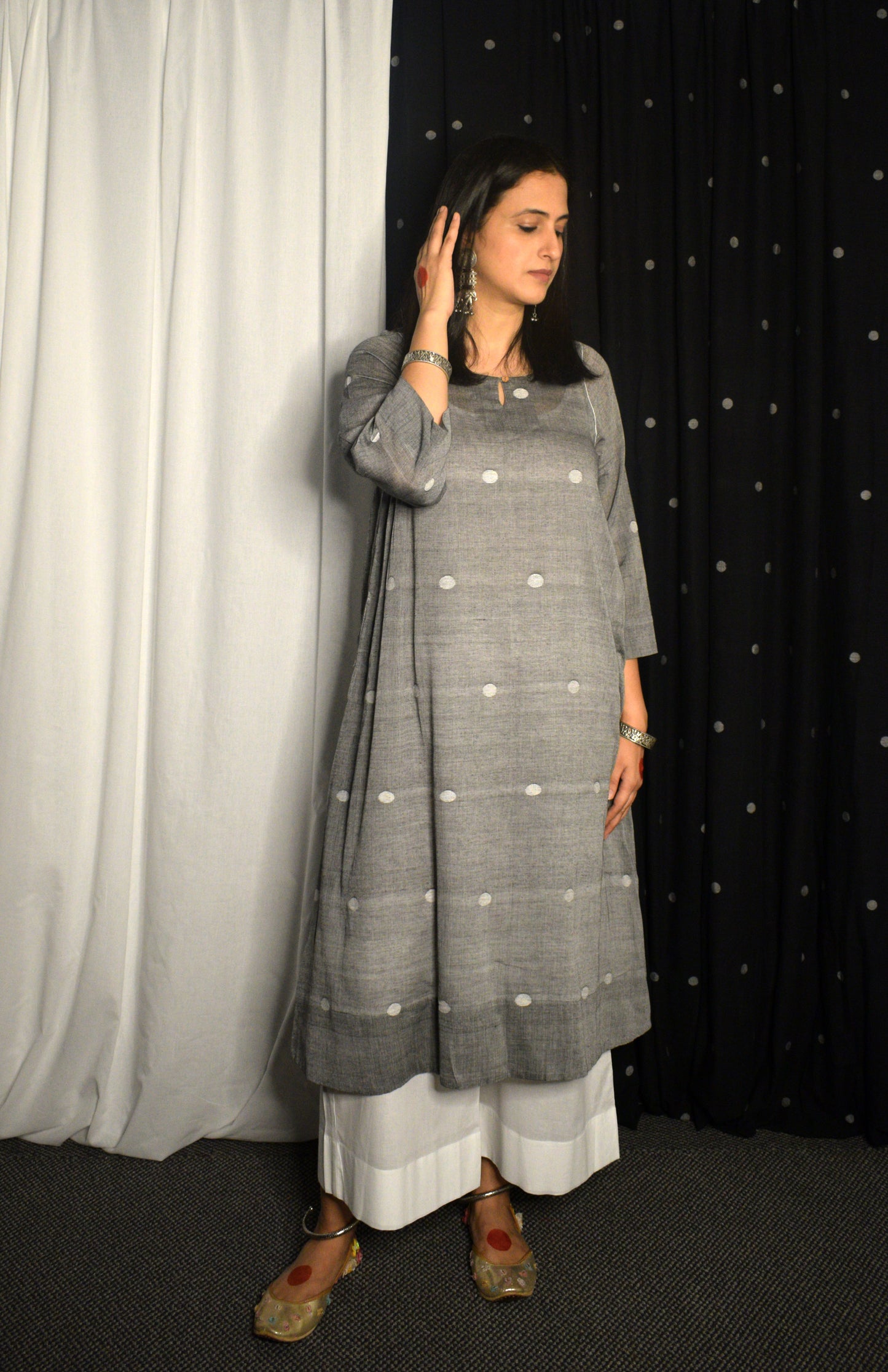 Grey Jamdani Kurta with Side Gathers