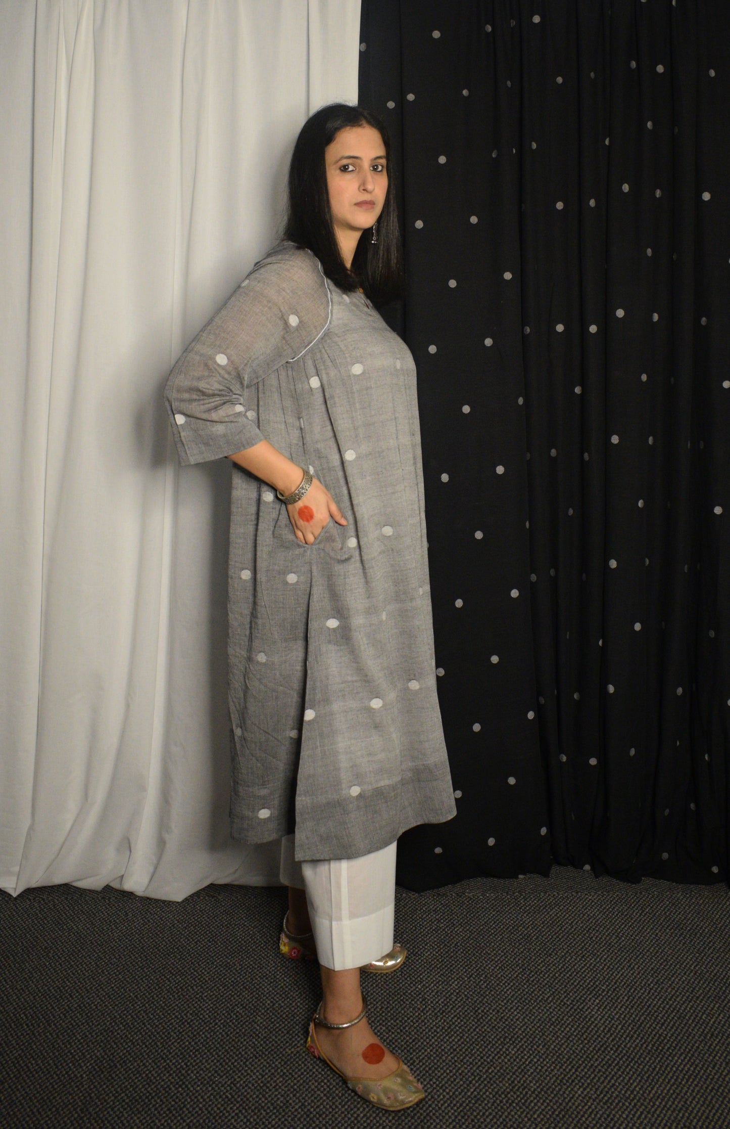 Grey Jamdani Kurta with Side Gathers