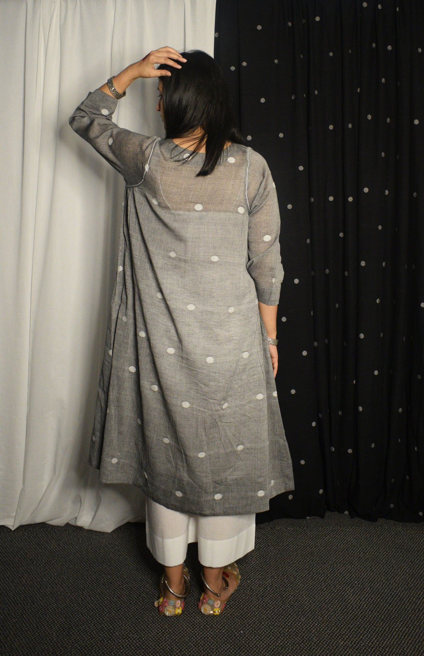 Grey Jamdani Kurta with Side Gathers