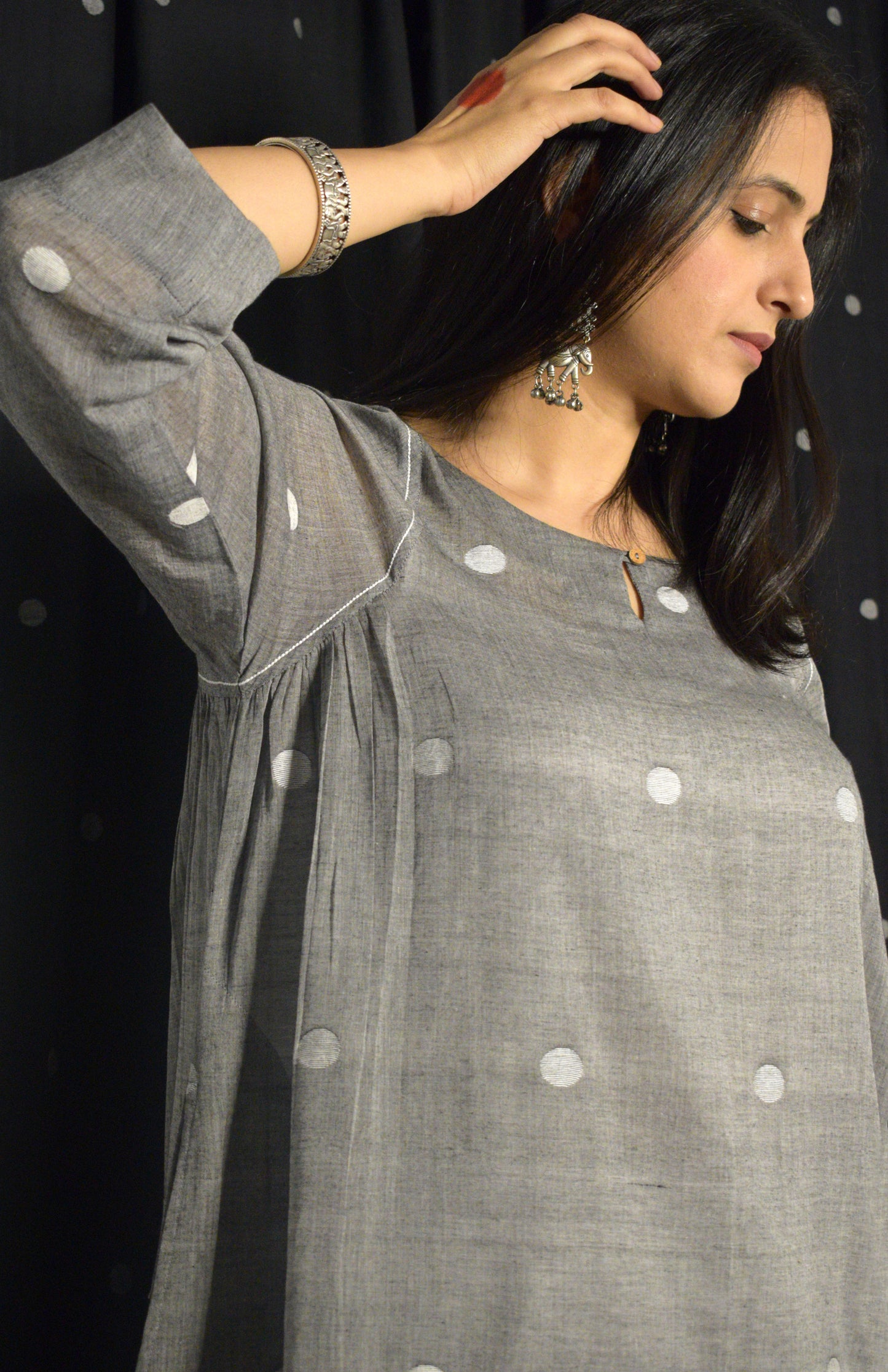 Grey Jamdani Kurta with Side Gathers