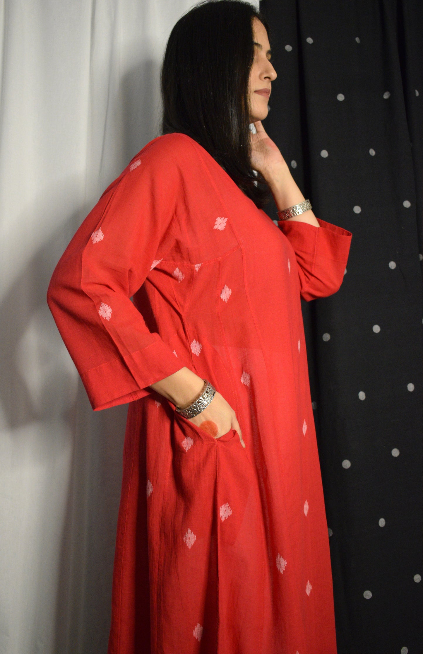 Red Jamdani Phiran with White Pyjama