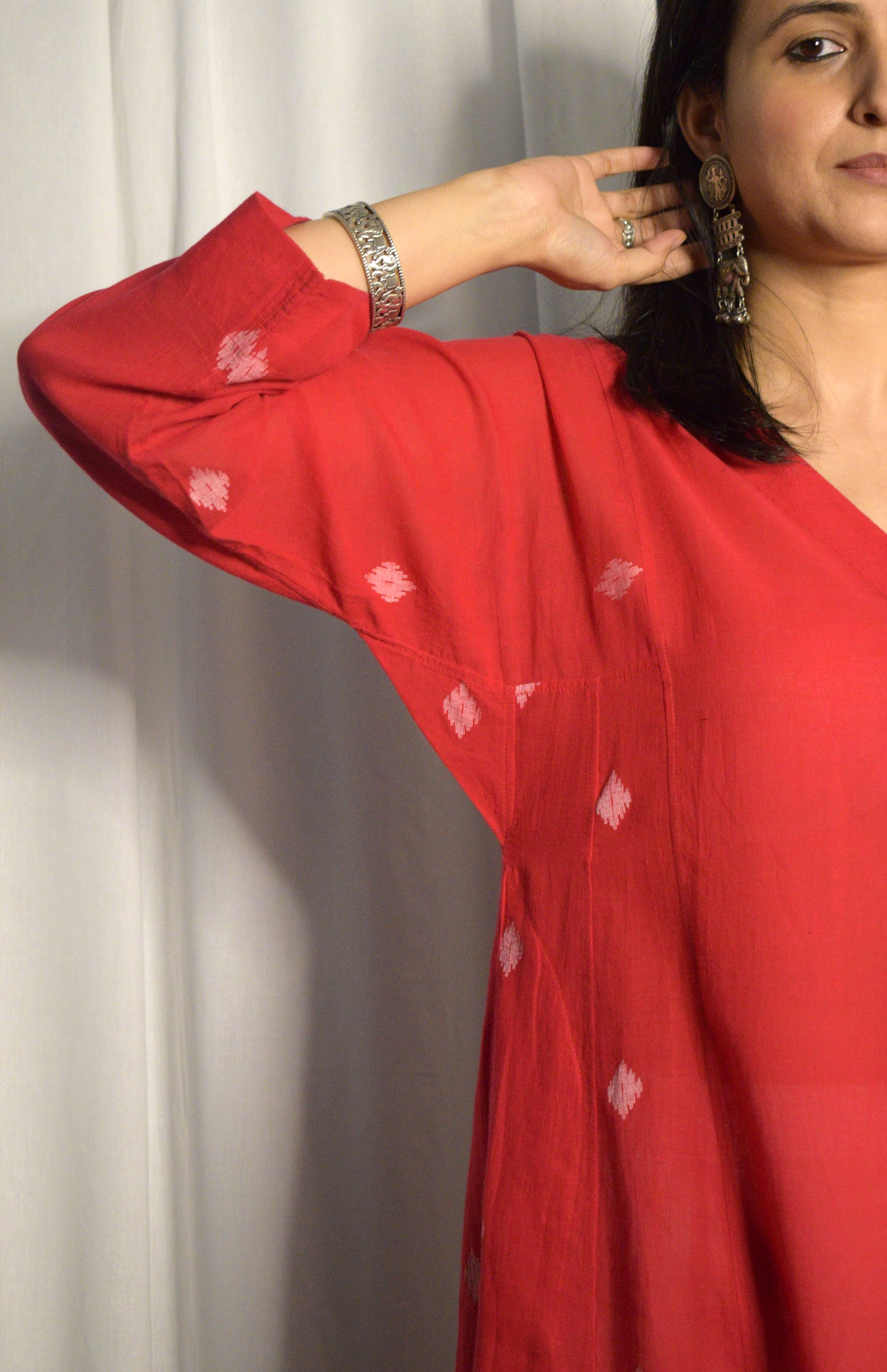 Red Jamdani Phiran with White Pyjama