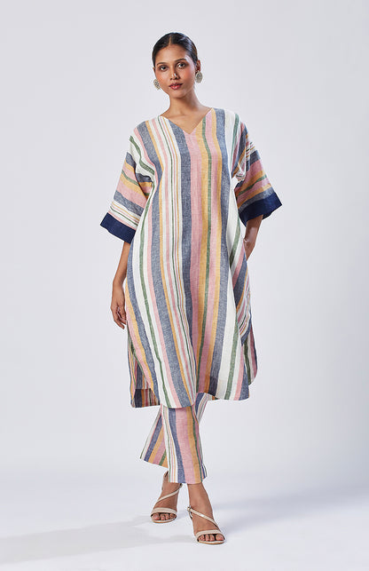 Multicolor Striped Linen Choga and Pyjama