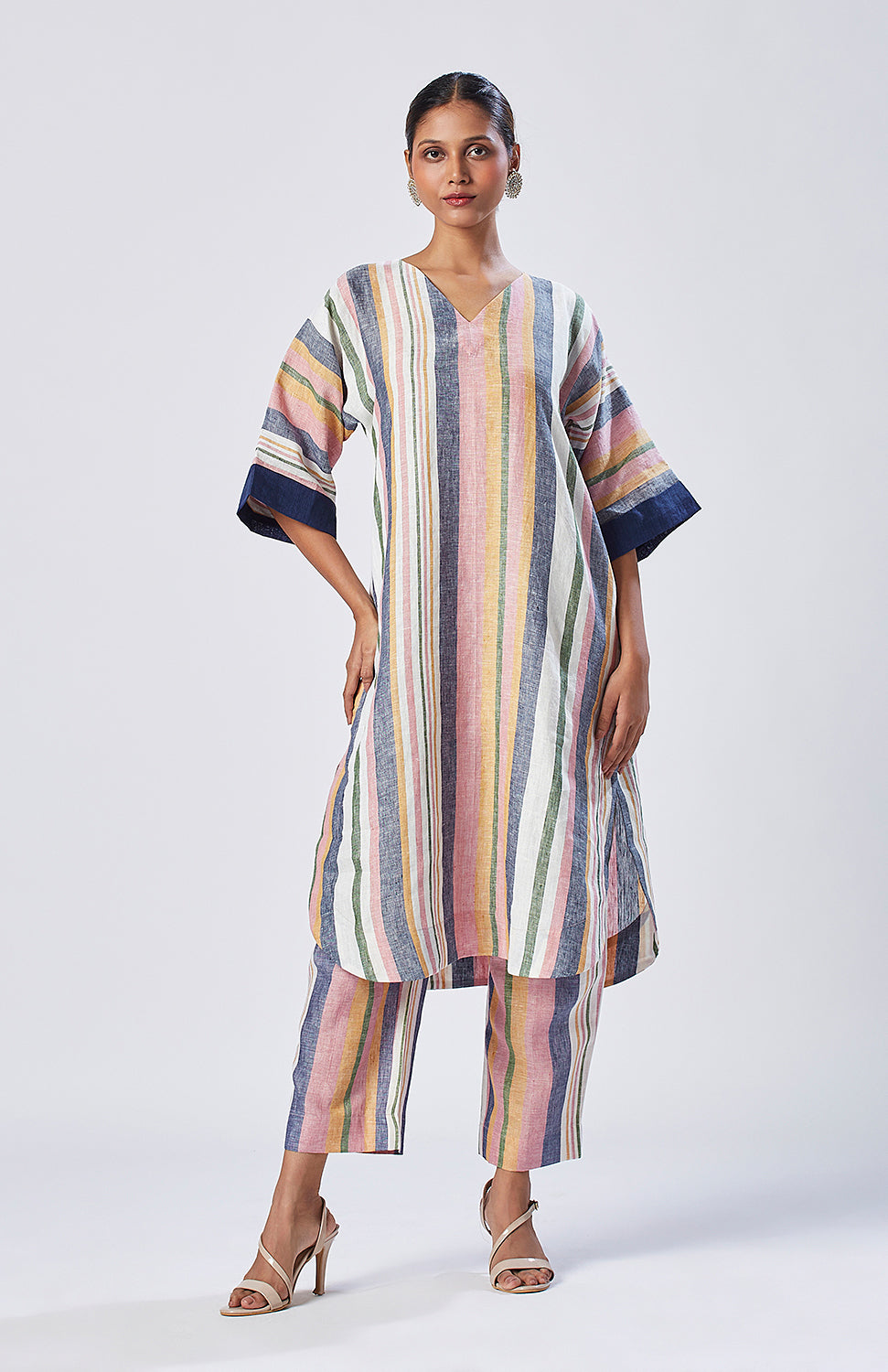 Multicolor Striped Linen Choga and Pyjama