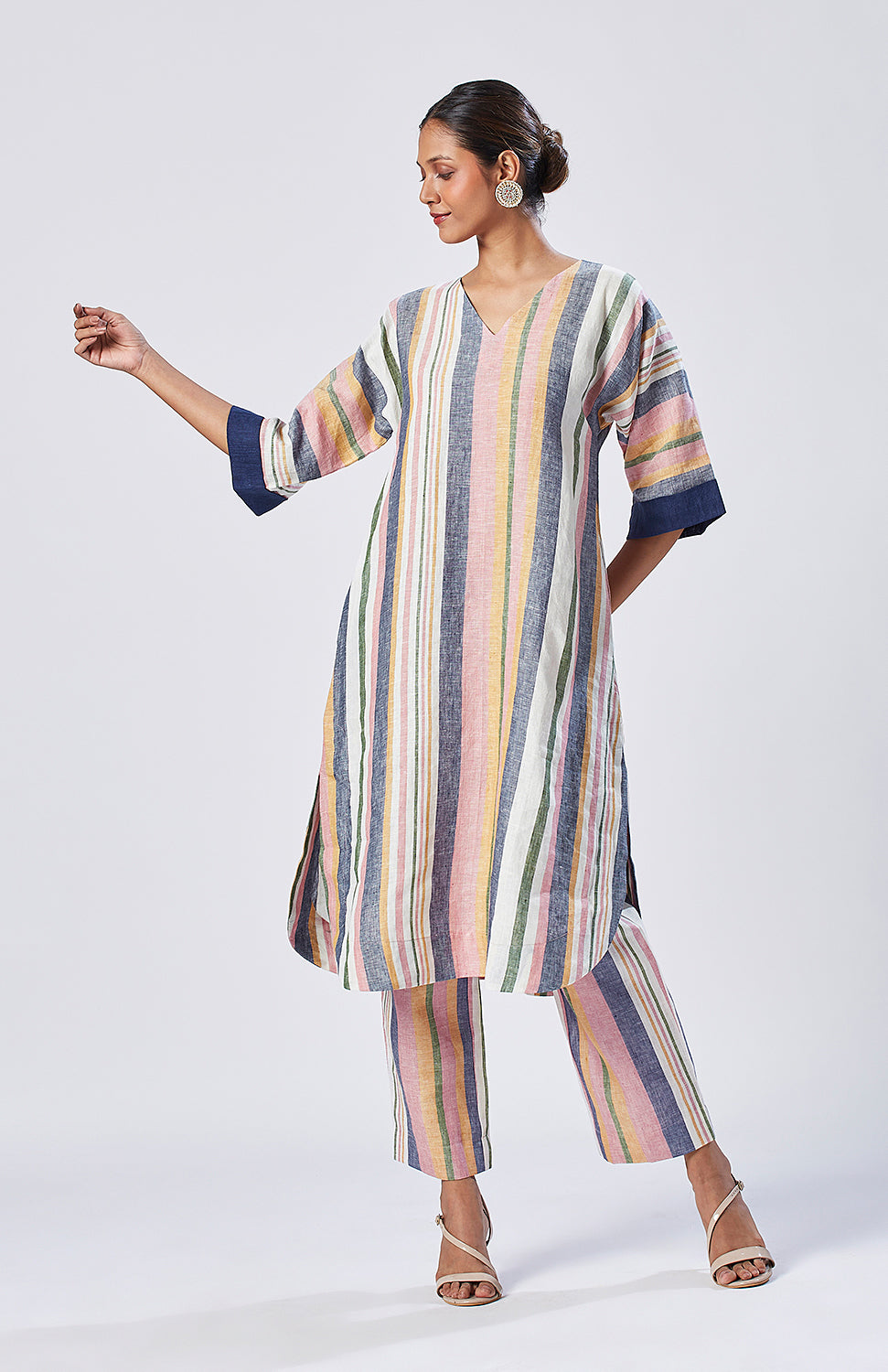 Multicolor Striped Linen Choga and Pyjama