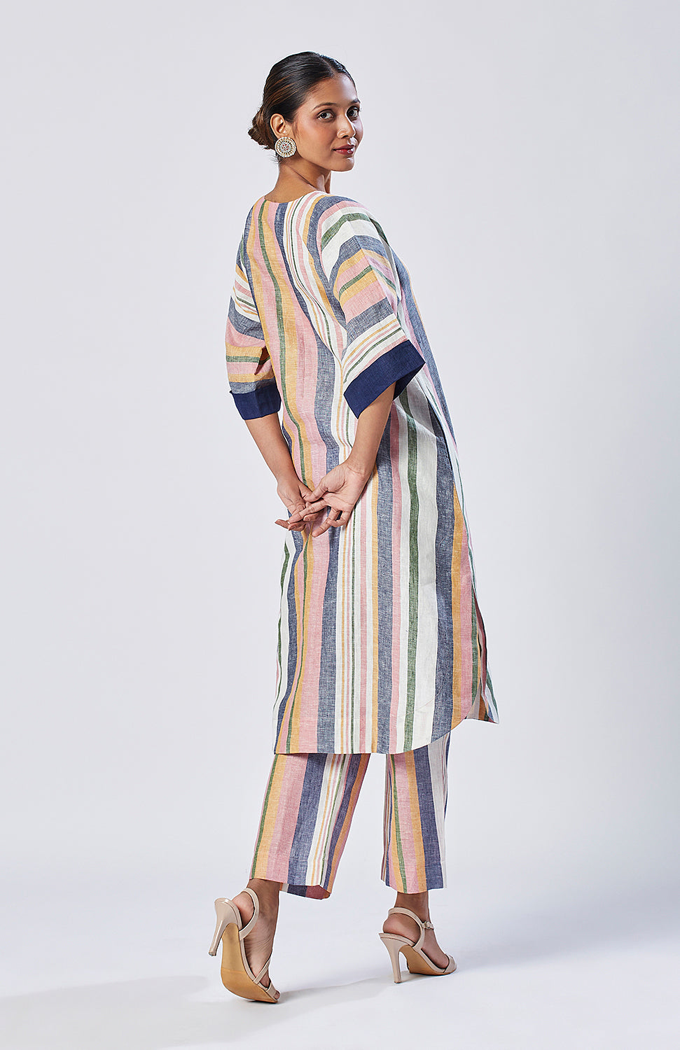 Multicolor Striped Linen Choga and Pyjama