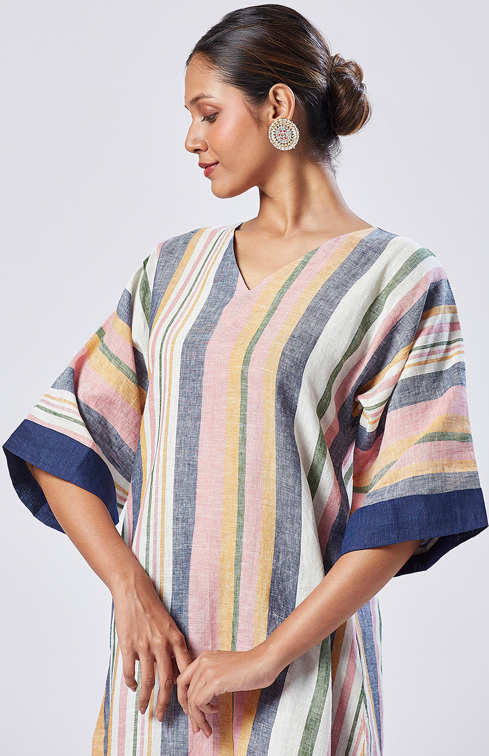 Multicolor Striped Linen Choga and Pyjama