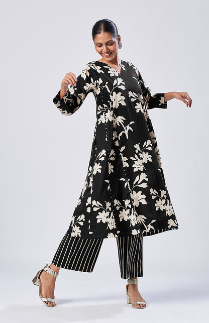 Black floral kurta set with striped pajama