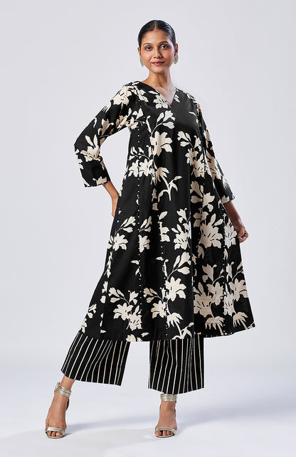 Black floral kurta set with striped pajama