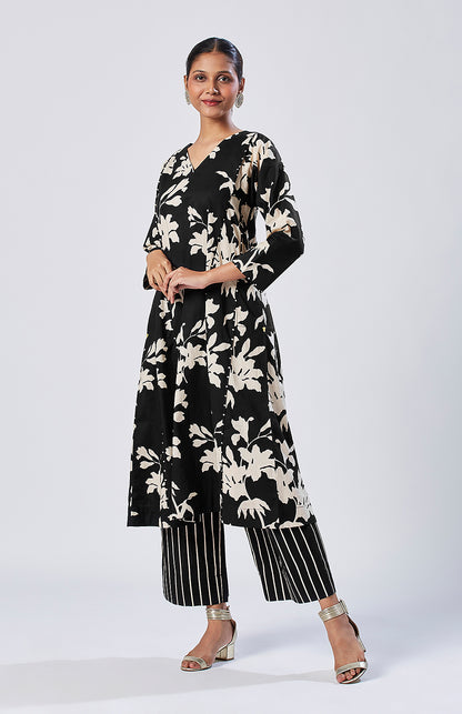 Black floral kurta set with striped pajama