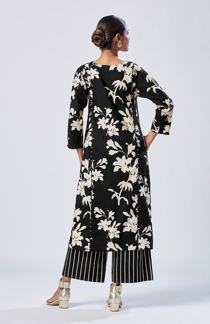 Black floral kurta set with striped pajama