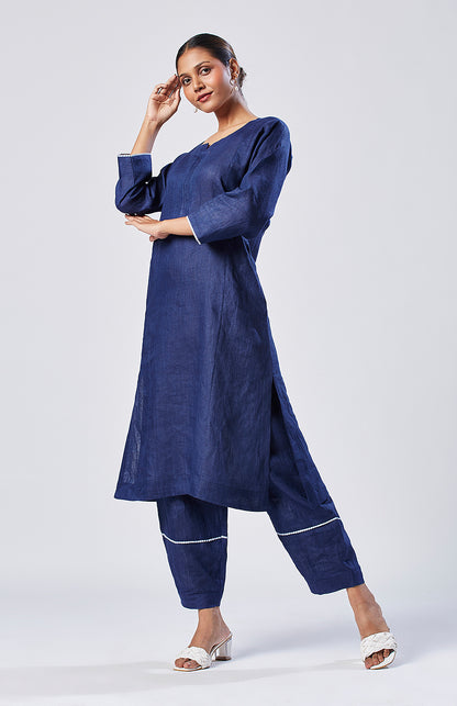 Dark blue linen straight fit paneled kurta set with trousers