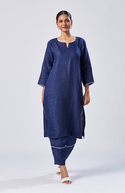 Dark blue linen straight fit paneled kurta set with trousers