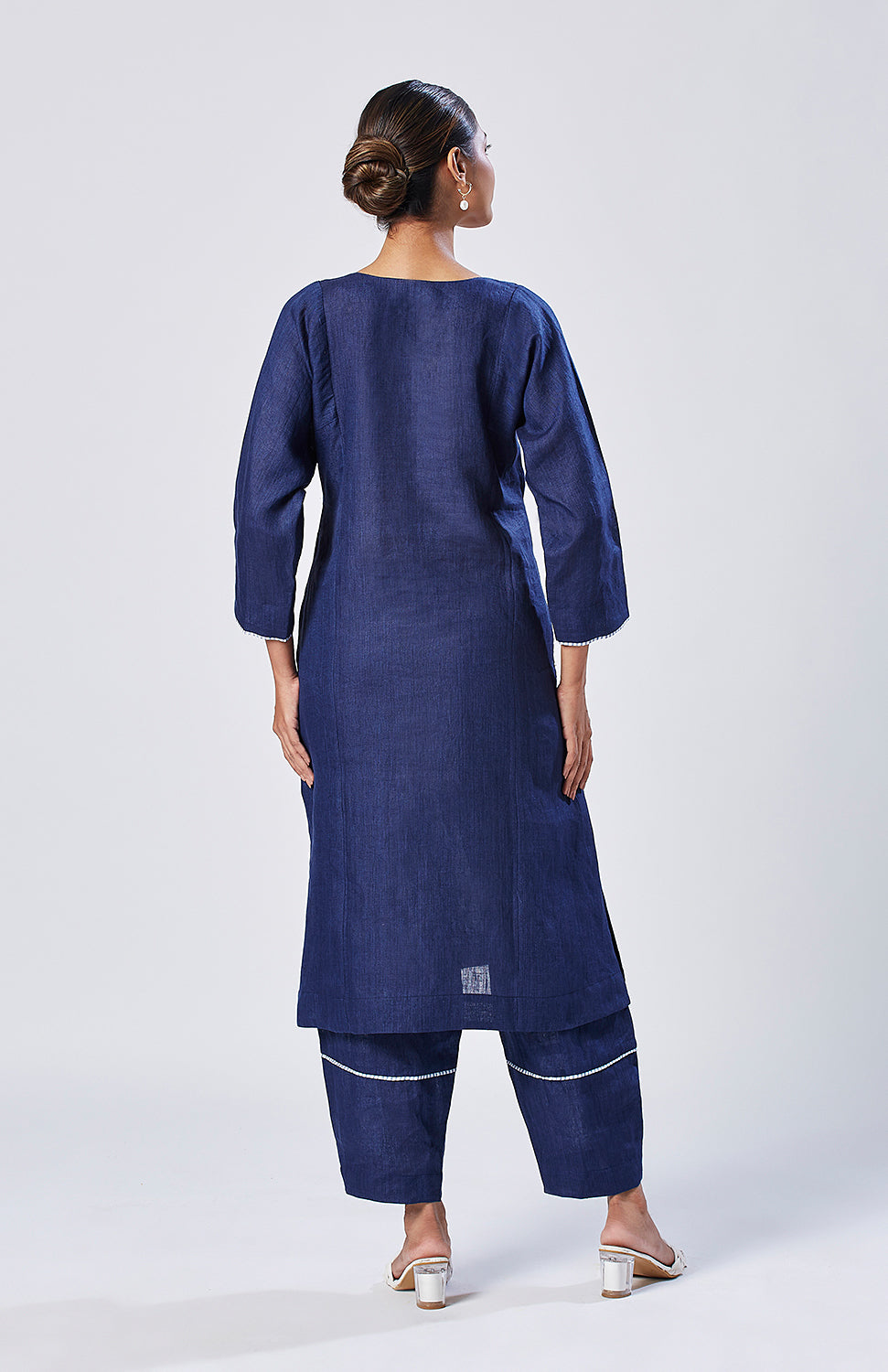 Dark blue linen straight fit paneled kurta set with trousers