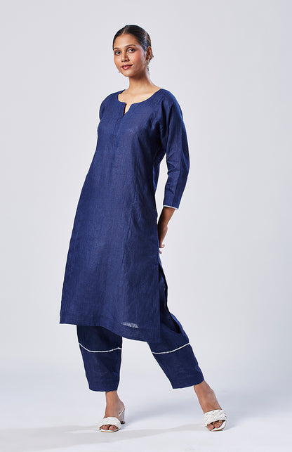 Dark blue linen straight fit paneled kurta set with trousers