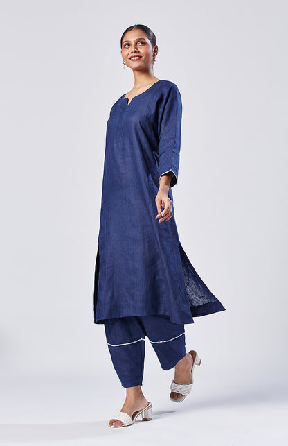 Dark blue linen straight fit paneled kurta set with trousers