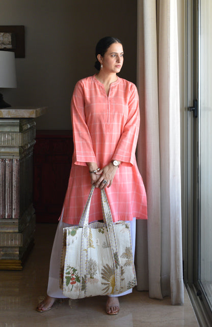 Off white Cotton Printed Quilted Tote Bag