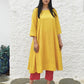 Yellow Flared Cotton Kurta with square neck and pink pyjama